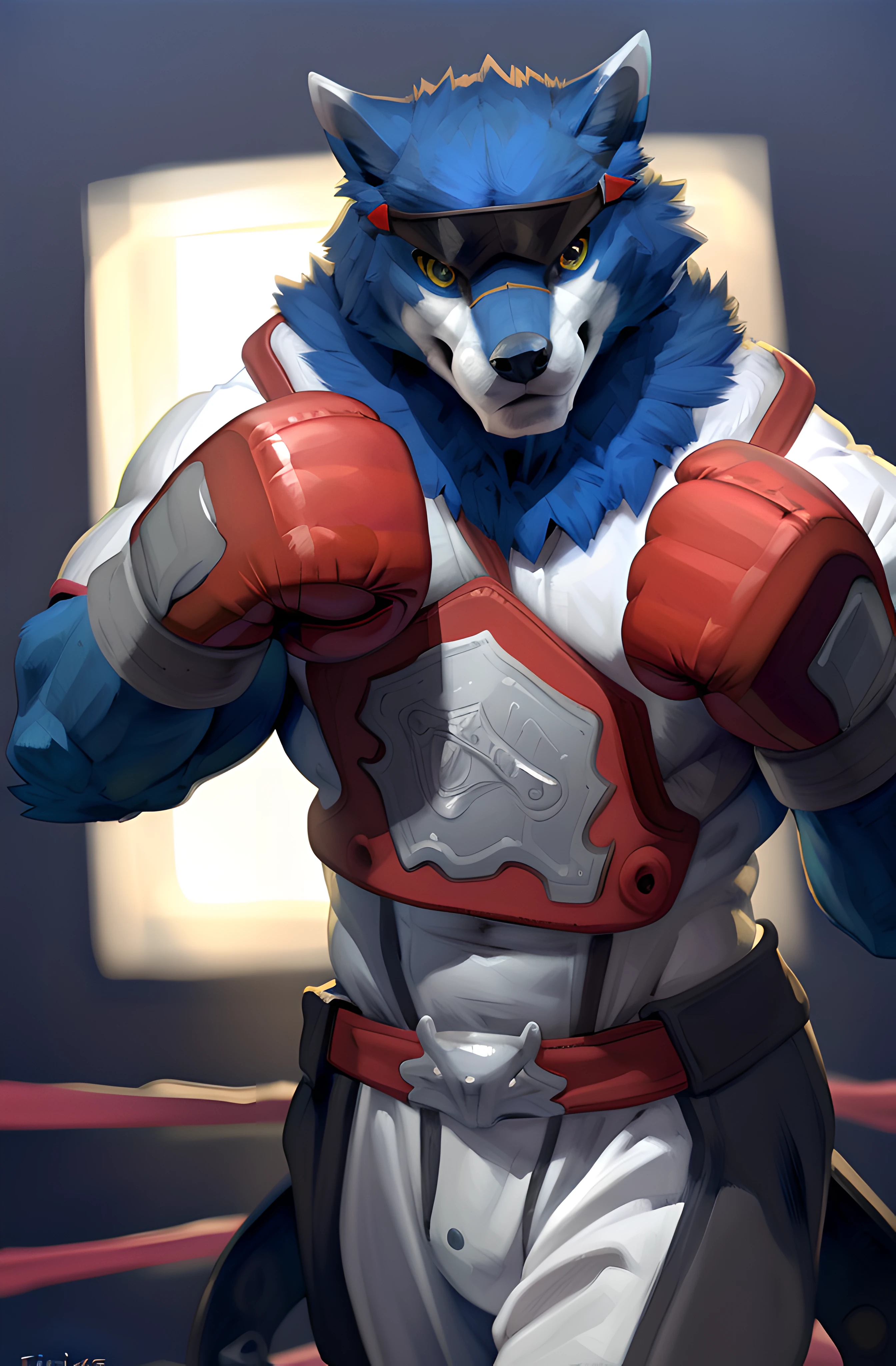 machgaogamon, standing towards camera, wearing boxing gloves, (walking towards camera:1.2), 4k, high resolution, best quality, posted on e621, (solo:1.2), anthro body, male, (mane:1.1), adult, masculine, (very muscular, heavyweight:1.0), correct anatomy, (black watercolor background:1.0), (by wfa, by chunie:0.6), (by Taran Fiddler:1.2), (detailed eyes:1.2), (cel shaded:1.2), cartoony shading, (watercolors:0.8), (full body:1.3), (boxing gloves:1.1), (looking at viewer:1.2), bright eyes, serious face, backlight, confident, proud,