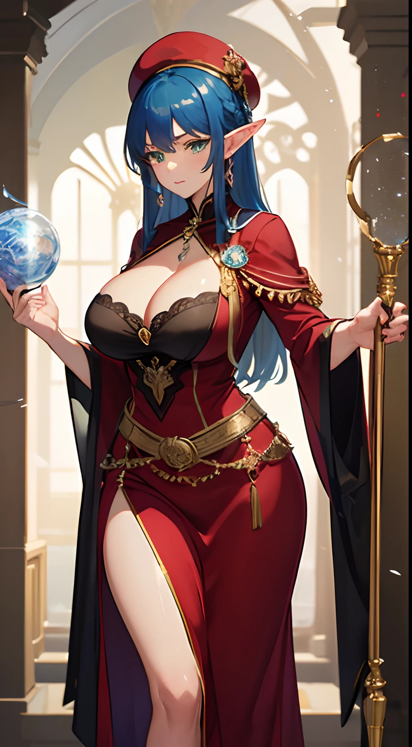 Solo focus, blue hair, long hair, green eyes, elf ear, red beret, red dress, mage, cleavage, big breasts, (old woman:1.5), (mature woman, milf:1.5), short skirt, staff, ornate clothes, fancy, detailed fabric, magic, casting spell
