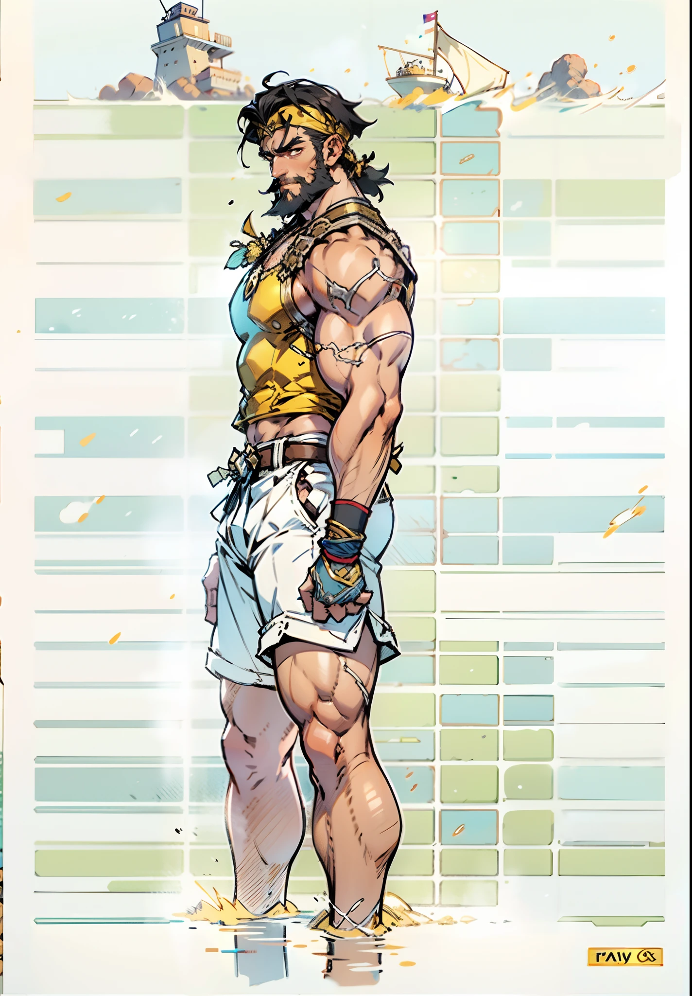 A middle-aged man with short dark golden hair, hair swept backward g, a thick headband around his forehead, deep facial features, resolute gaze, bright smile, a full beard, a tight-fitting fisherman vest, a blue-gold thick breastplate, a black tight-fitting undershirt, solid bronze muscles, a wristband on his wrist, shorts, stands on a large ship sailing on the sea, this character embodies a finely crafted fantasy-style fisherman in anime style, characterized by an exquisite and mature manga illustration art style, high definition, best quality, highres, ultra-detailed, ultra-fine painting, extremely delicate, professional, anatomically correct, symmetrical face, extremely detailed eyes and face, high quality eyes, creativity, RAW photo, UHD, 8k, Natural light, cinematic lighting, masterpiece:1.5