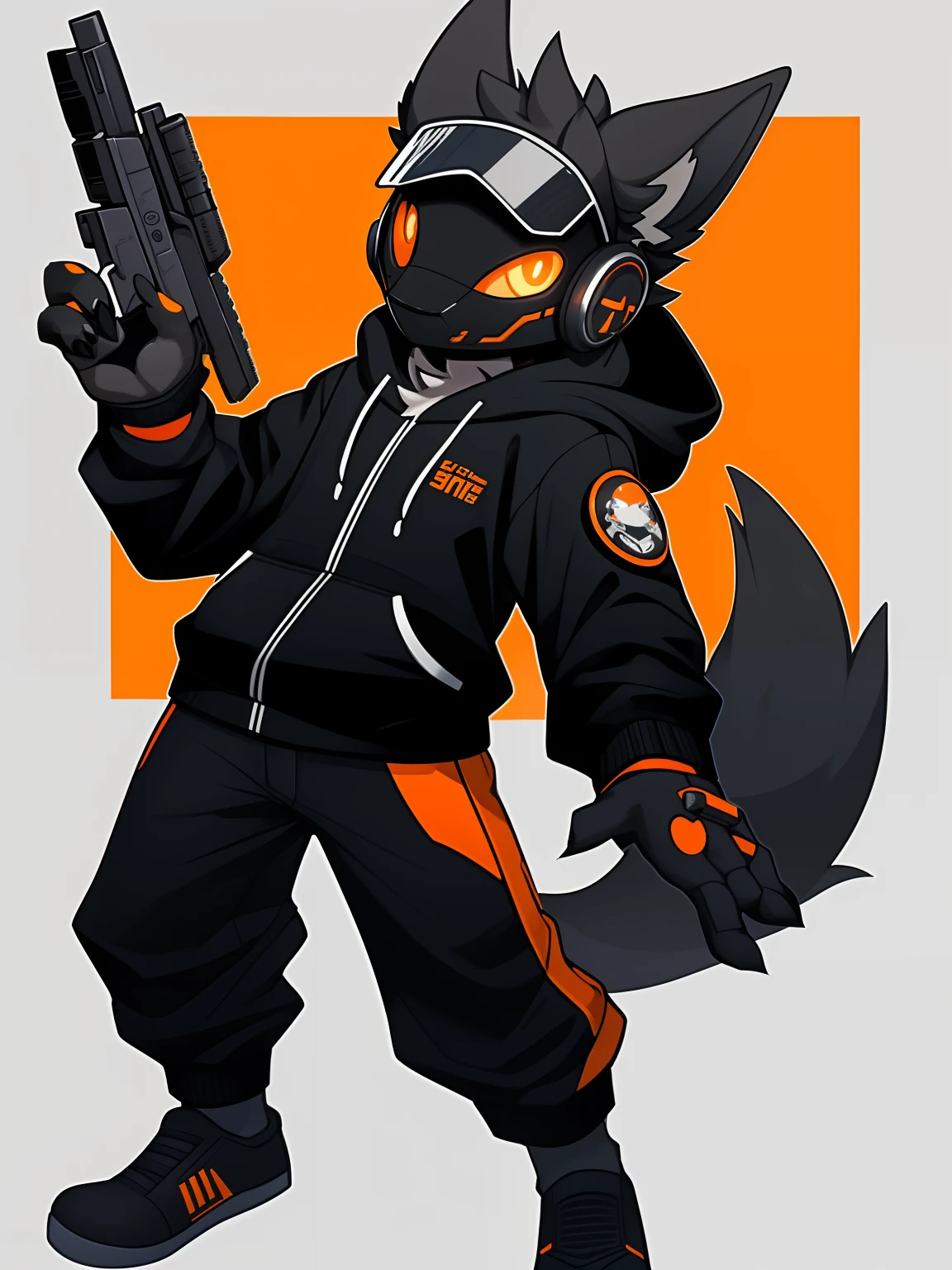 Protogen, simple black hoodie, orange visor,black fur, pfp, looking at me, doing gun poses with fingers