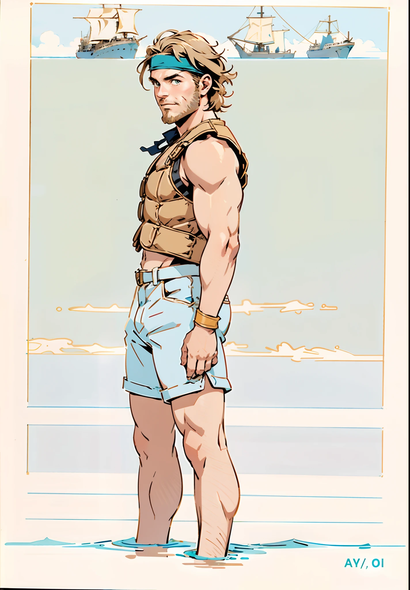 A middle-aged man with short dark golden hair, hair swept backward g, a thick headband around his forehead, deep facial features, resolute gaze, bright smile, a full beard, a tight-fitting fisherman vest, a blue-gold thick breastplate, a black tight-fitting undershirt, solid bronze muscles, a wristband on his wrist, shorts, stands on a large ship sailing on the sea, this character embodies a finely crafted fantasy-style fisherman in anime style, characterized by an exquisite and mature manga illustration art style, high definition, best quality, highres, ultra-detailed, ultra-fine painting, extremely delicate, professional, anatomically correct, symmetrical face, extremely detailed eyes and face, high quality eyes, creativity, RAW photo, UHD, 8k, Natural light, cinematic lighting, masterpiece:1.5
