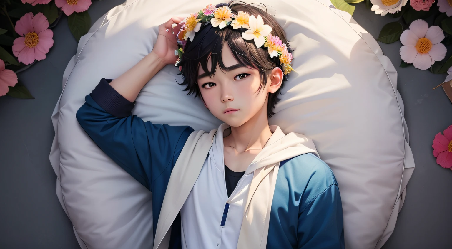 A beautiful boy boy man,Stand under the blue sky,Asian looks,korean people,Korean boy,Beautiful Korean boy,It's so beautiful,It seems like a girl,breathtaking beauty,Closed moon shame flower,Fifteen or sixteen years old,Almost an adult,largeeyes,Looks like a girl,Big winter,The clothes were tightly wrapped,without a beard,No muscles,appropriatelydressed,Wearing a flower crown on his head,Colorful hair,Looks pure and sweet,Well-behaved and cute,The expression is sweet,Shotai beautiful boy man,without a beard,No muscles,appropriatelydressed,Wearing a flower crown on his head,Colorful hair,Looks pure and sweet,Well-behaved and cute
