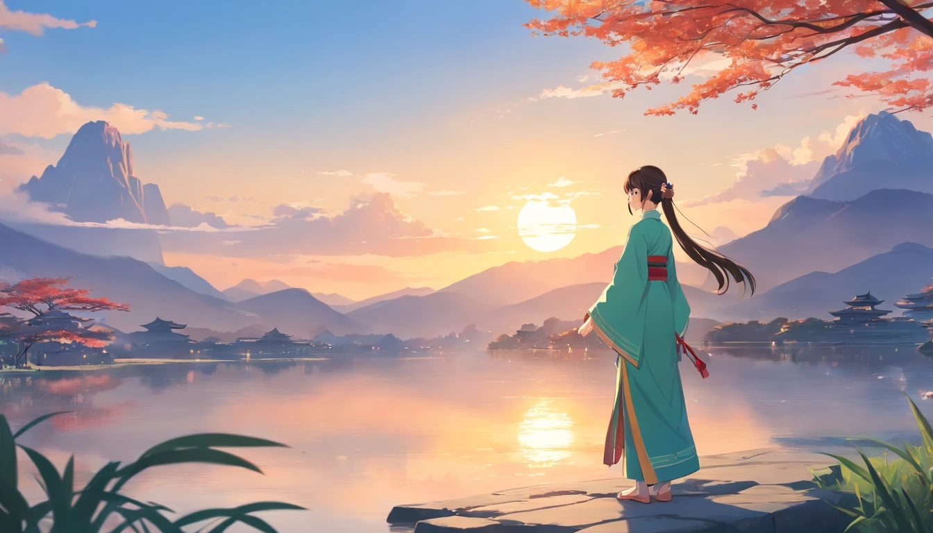 Beautiful Hanfu woman, Hanfu, Background landscape with rising sun, ::n_Style drawing, Low-quality defects