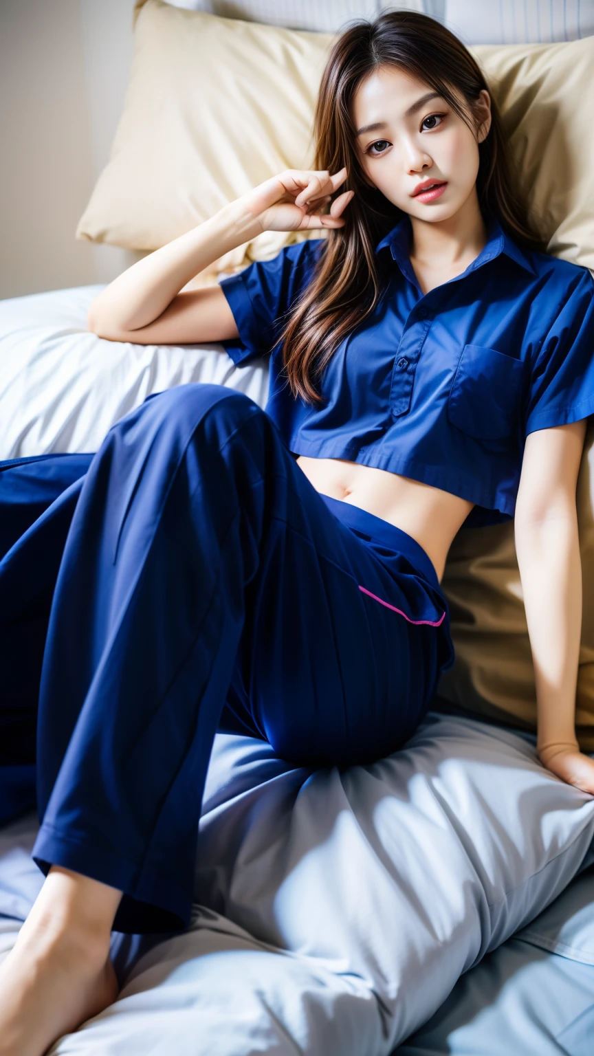 2 girls on the bed, Navy blue short-sleeved shirt,Navy Long Trackpant,Sweatpants, Sweatpantsขายาว, lying on the bed., หญิงรักhave sex, coax, Sexual arousal, Realistic poses, exercise clothes, exercise clothes, have sex