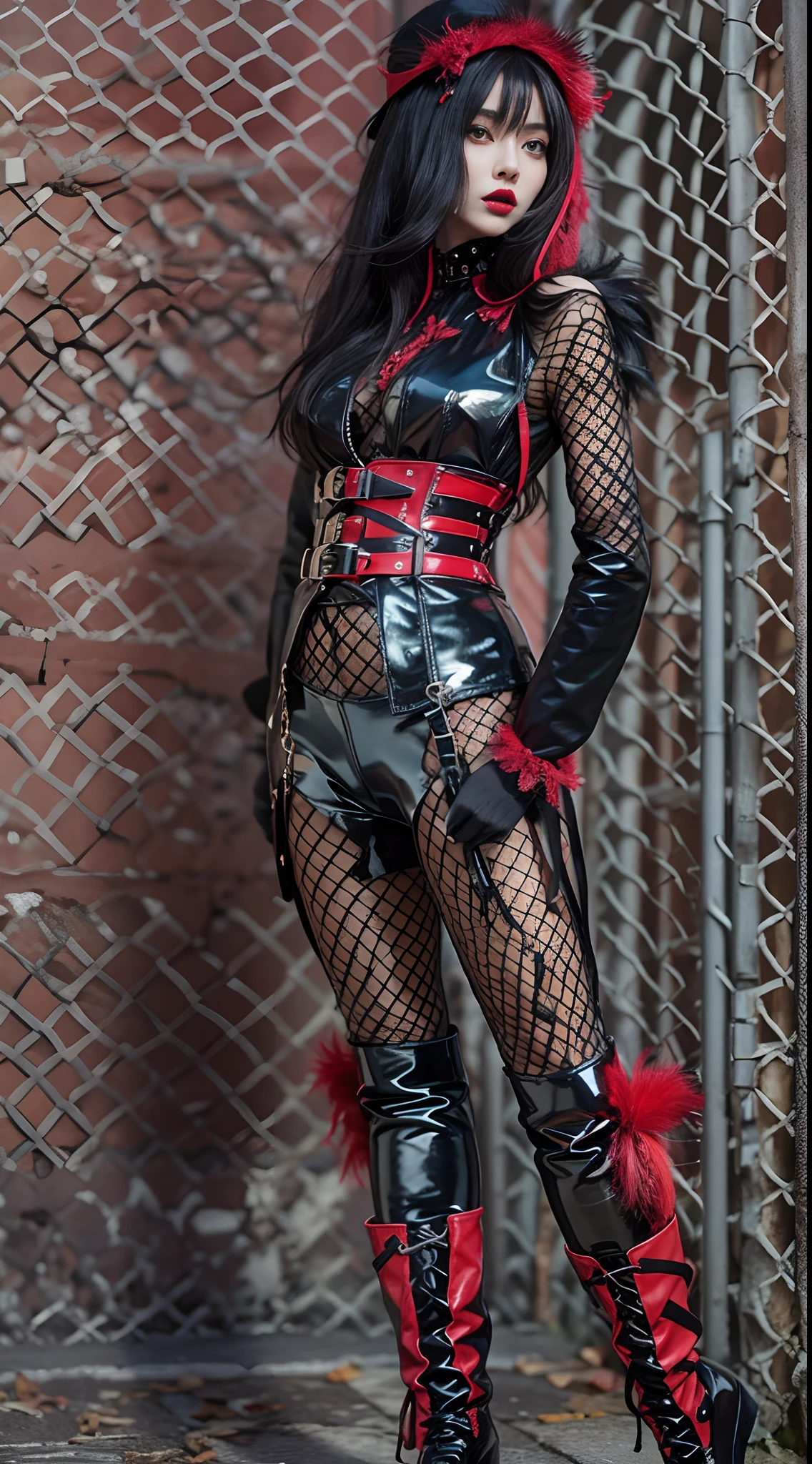 Goth Gals,She wears a studded PVC corset,red colour,There are feathers on the shoulders, kneehigh boots,(fish net leggings).