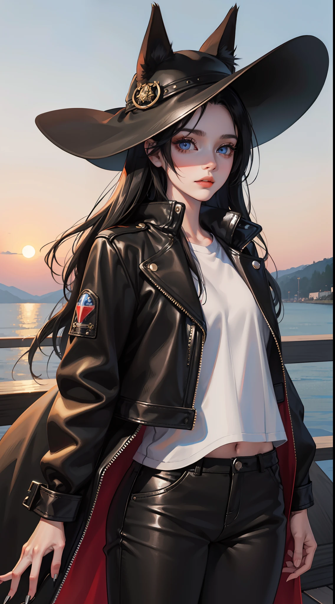 young girl, Long black hair, Fox ears, blue eyes, leather coat, hat, pants, claws, Smoke, Masterpiece, hiquality, 4k, HD, Good detail