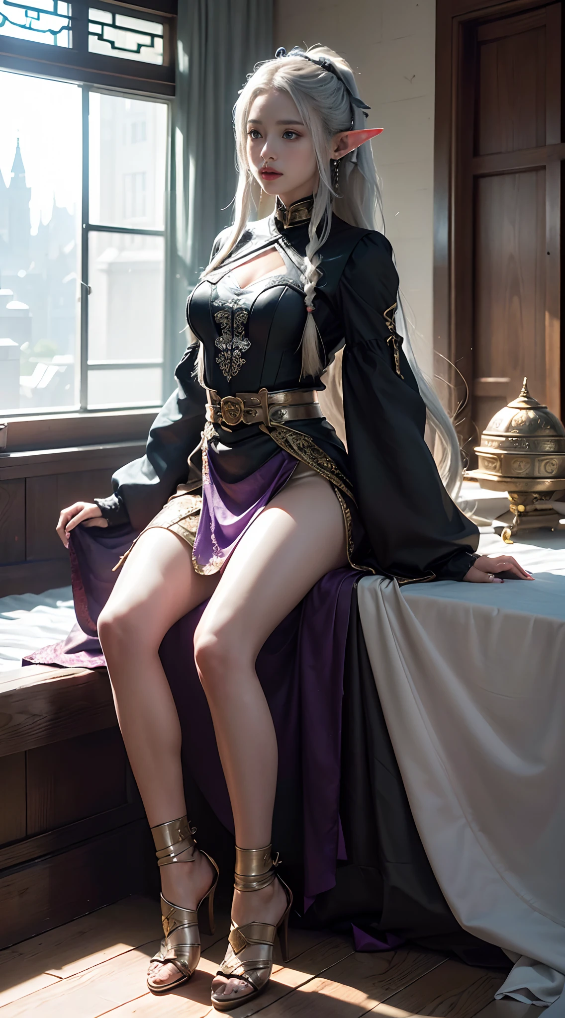 ((best quailty)), ((A masterpiece)), (Detail:1.4), 3D, A beautiful elven fantasy beautiful girl，Elf long ears，ear studs，（（Long silver hair，Double ponytail:1.9））,（long purple skirt：1.6）（Black stockings beautiful legs，heeled sandals：1.6）（Western European medieval style，Metal Temple，：1.6），Metallic sequins，West Phantom Wind,closeup of face,Extremely normal hands,Extremely normal legs,hdr（HighDynamicRange）,raytrace,NVIDIA RTX,Hyper-Resolution,illusory 5,Subsurface scattering、PBR Texture、post-processed、Anisotropy Filtering、depth of fields、maximum definition and sharpness、multi-layer texture、Albedo e mapas Speculares、Surface coloring、Accurate simulation of light-material interactions、perfectly proportioned、rendering by octane、Two-colored light、largeaperture、Low ISO、White balance、Rule of thirds、8K raw data