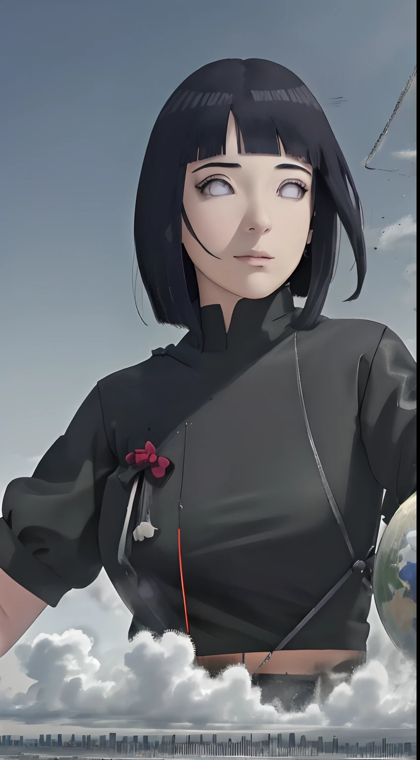 obra maestra, absurdos, Hinata\(Boruto\), 1girl, solamente,hembra madura, Crop top de punto sin hombros,  , perfect composition, labios dealtoados, pecho grande, Cara hermosa, body propotion, sonrojarse, (labios rosados), Cabello largo,  purple eyes,  mirada suave,  super-realistic, dealtoado, n, Rostro y cuerpo realistas,in the background view from down pov , inminent blurr ,eans,girl view from below her {{masterpiece}}, official art , tall, colossal, gigantic distant blur ,on continent. view from fantasy magiccity ,between skyscrapers, clouds enveloping her body gently  , Light purple hoodie,grandes tetas
brown pants
black shirt, delantal