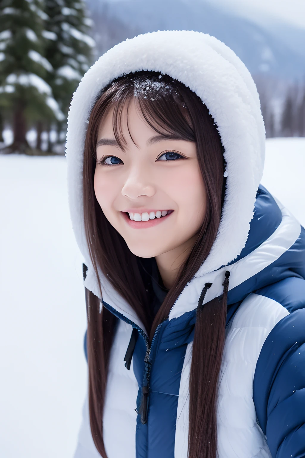 18-year-old girl, Bust photo,  ssmile, A husky,snowfield.ln the forest.snow mountains.