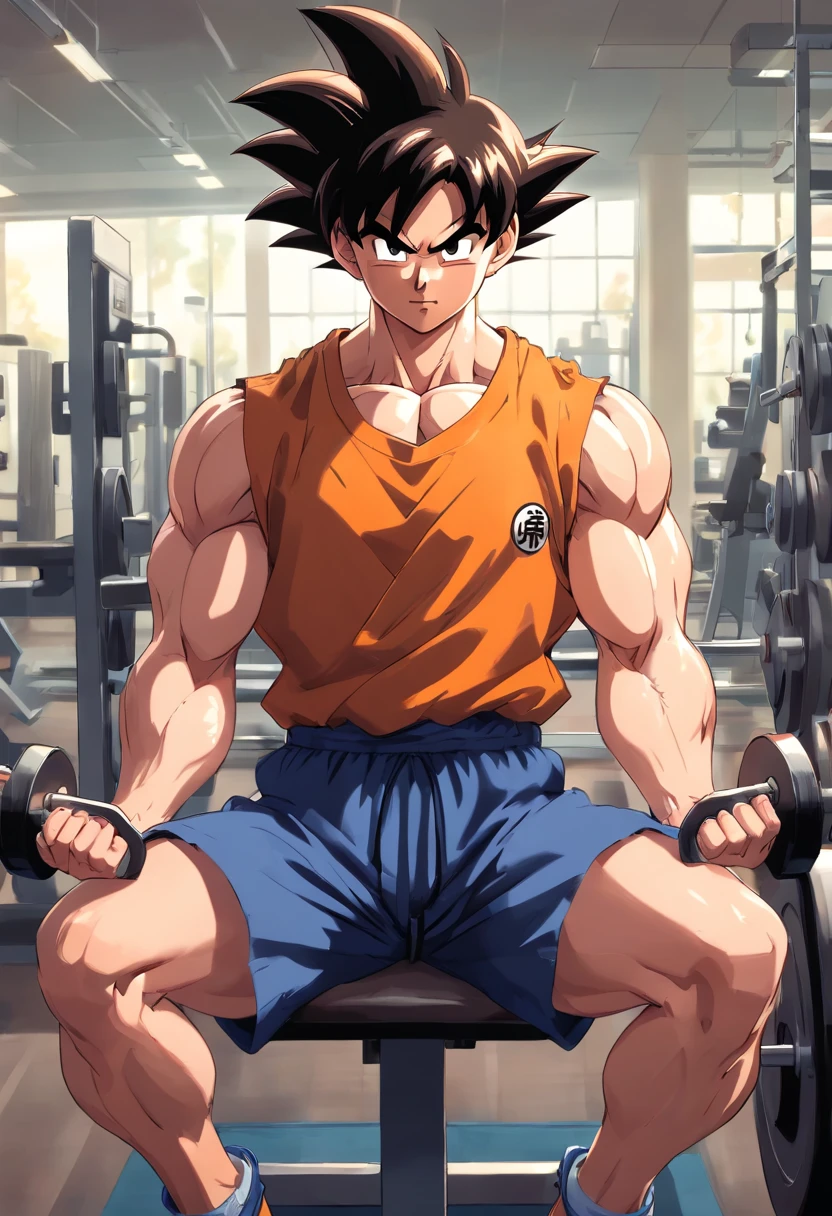 A detailed drawing of Son Goku biceps training intensely in a bodybuilding gym.