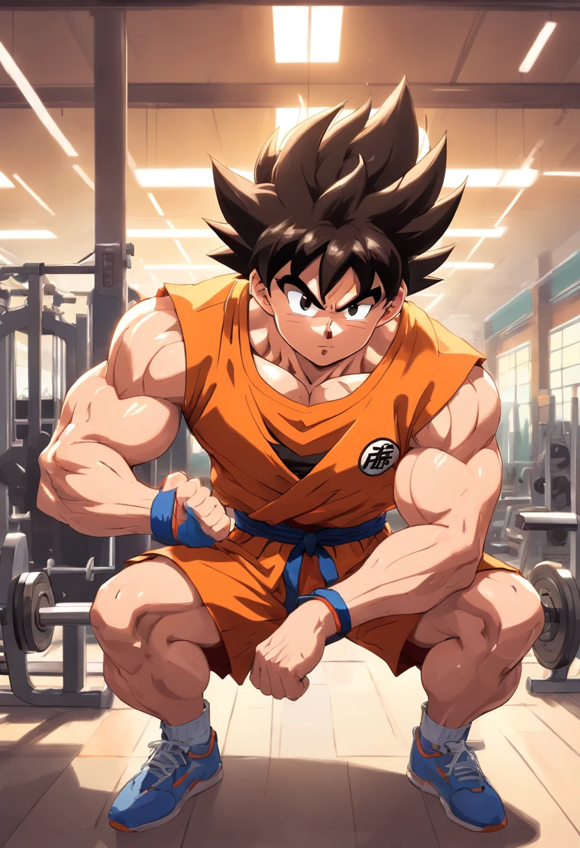 A detailed drawing of Son Goku biceps training intensely in a bodybuilding gym.