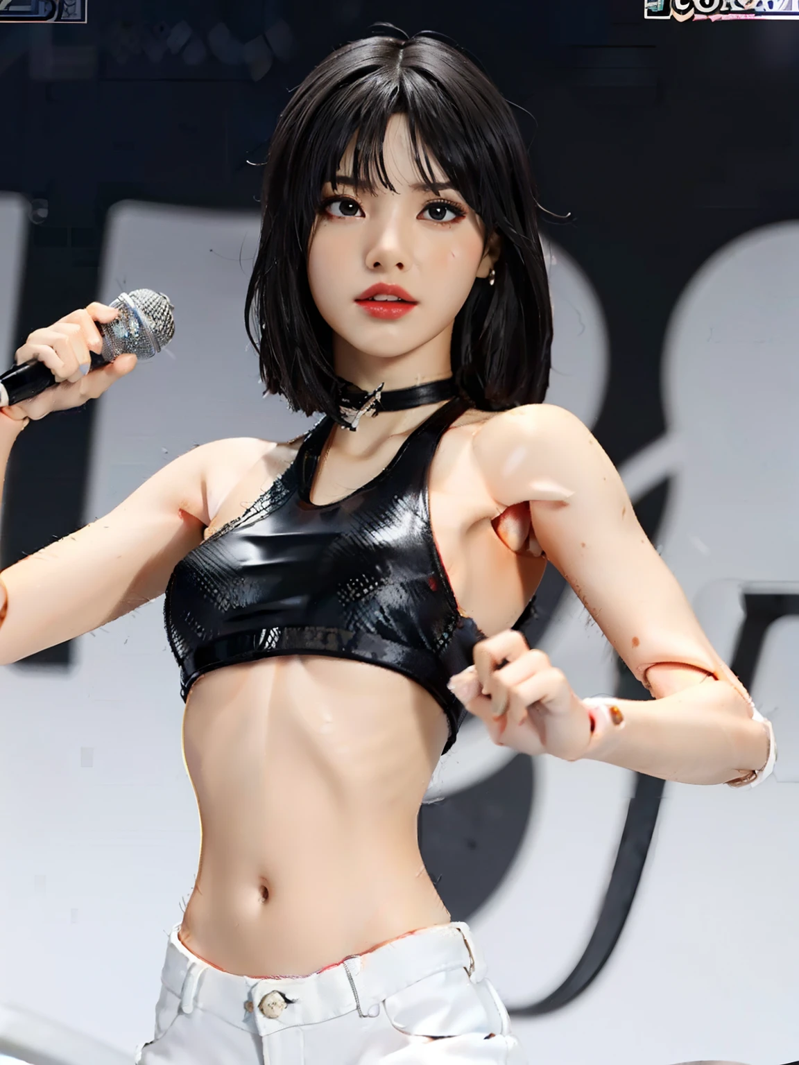 1girl, action figure, Figma, doll, dancing and singing pose, holding a microphone, black daisy duke, white tanktop, black choker,