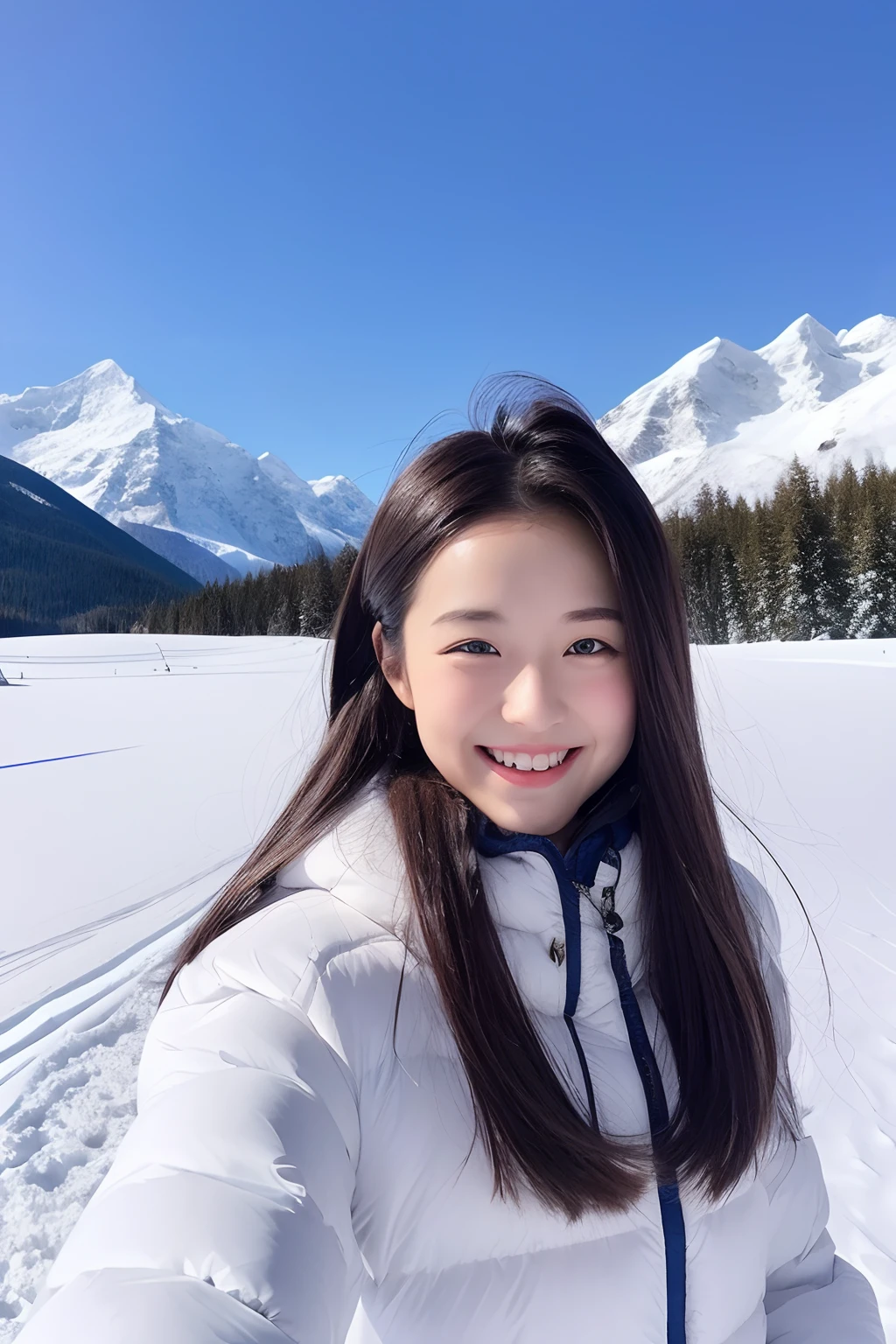 18-year-old girl, Bust photo, ssmile, A husky,snowfield.ln the forest.snow mountains.