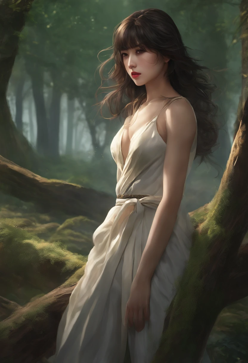 8k, best quality, masterpiece, highly detailed, semi realistic, a girl, a girl, 20 years old, looking at hands, long dark brown hair with bangs, curly hair, green eyes, black Japanese style cut clothes, white pants, bare shoulders, golden details, thin figure, cold expression, battle scenes, outdoors, forest background, with many trees and dark sky