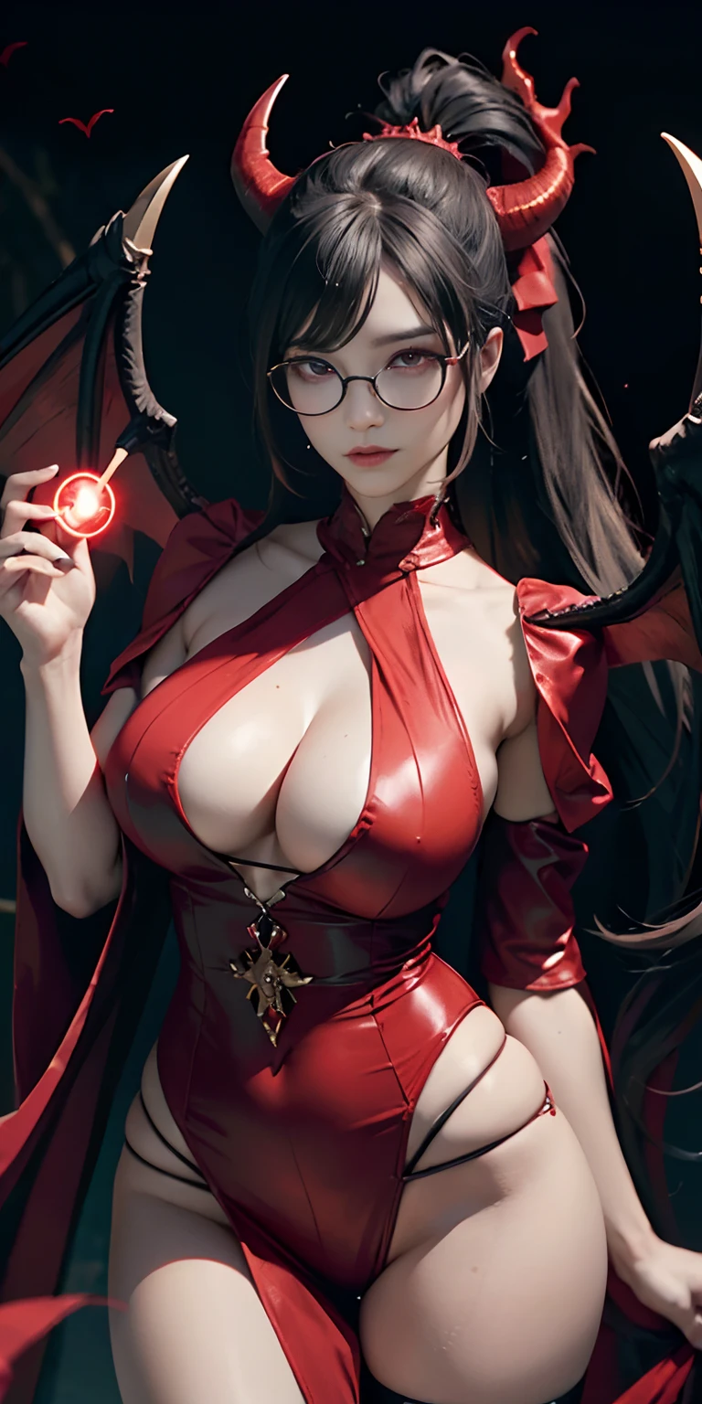Fine、(The best illustrations)、8k UHD resolution、intricate-detail、top-quality、realisitic、ultra-detailliert、The best lighting、Best Shadows、Soft lighting、Ulutra HD、Dungeon and Dragon、caves、Dungeon、 A Necromancer、natta、Dark style、Succubus、Devil's Daughter、Bat Wings,(((Demon Horns)))、((((black-rimmed round glasses))))、(((Colossal tits)))、(Devil's Tail)、(red eyes glowing:1.6)、masterpiece、beautiful countenance、Tindall Effect、photos realistic、(High Detail Skins:1.2)、8KUHD、Digital SLR、hightquality、a picture、hight resolution、 absurderes、Ponytail distortion、best ratio four finger and one thumb、1人、hair adornments、Red sparkling gemstone necklace、jewely、Beautiful expression、Body Up、Large breasts emphasis、Toned waist、Wide buttocks、Tindall Effect、Photorealsitic、(High Detail Skins:1.2)、In the Dark, lowkey, cowboy lens, (red phoenix dress: 1.0), Long hair, Black hair, Bust, Devil's Palace, devil crown, red eyes make up very sharp and detailed, The most beautiful face, Super tight breasts, Breast augmentation surgery, The breasts are very big and round and round, Super realistic, chinese women's clothes, polo neck sweater, Charming smile, The eyes are very well made up, ((Red Eye:1.0)), guweiz, devil style, wearing black mesh socks, Ponytail with a bow tied at the back of the hair, plump beautiful red lips, wearing a thin red and black robe, Hands pull the straps to expose sexy breasts, the landscape is overcast and thunderous, Beautiful female demon portrait, Protagonist Close-up, (Detailed spooky backgrounds:0.8), nffsw, nffsw, The 8k quality, detailed pixel, Meet beautiful girls, Look at the girl's body,
