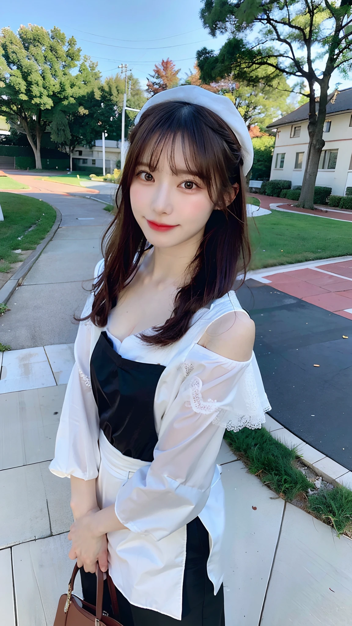 white clothes、Holding a bag in hand