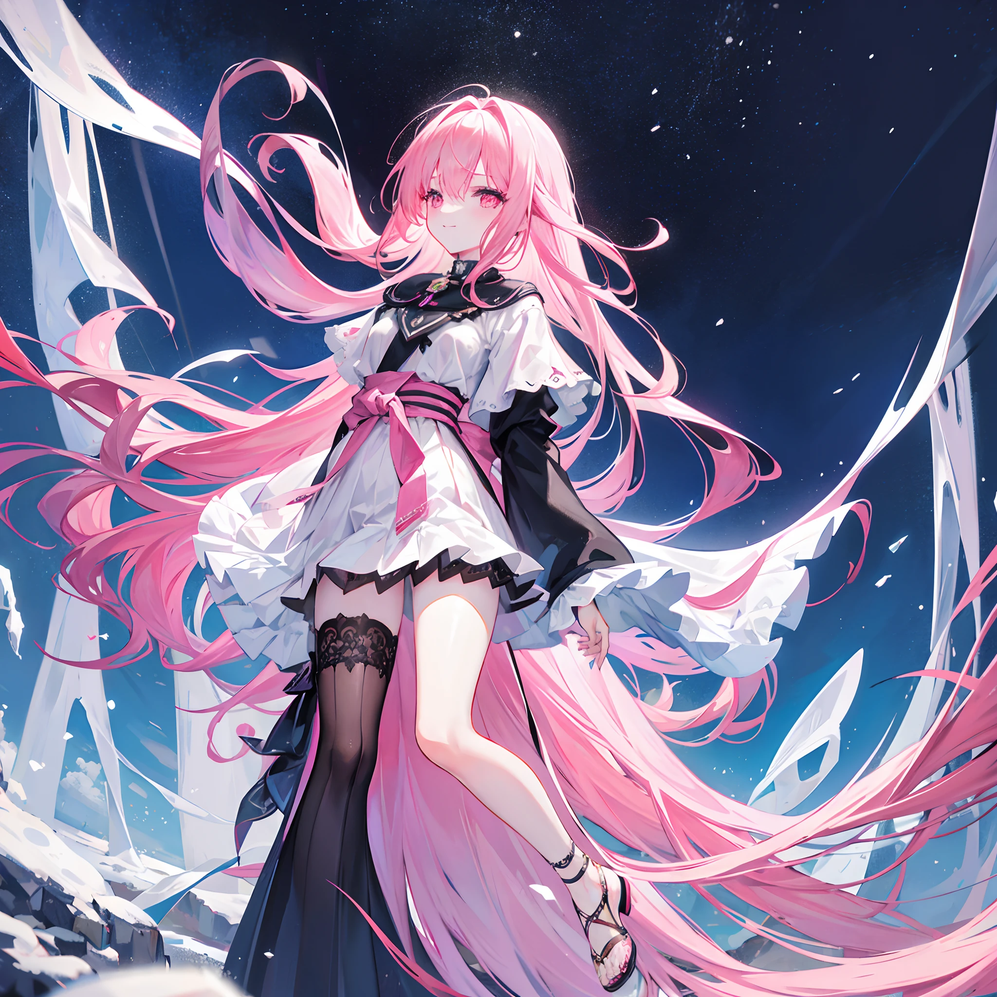 Long pink hair radiated，Long hair curtains，Oblique hair curtains，The hair curtain covers one eye，Pink eyes，Leakage from the ear，White color blouse，a black pleated skirt，The skirt is short，A black coat was tied around his waist，Long legs，Leg depiction，ssmile，sideface，under the starry night sky，Next to the ice tree