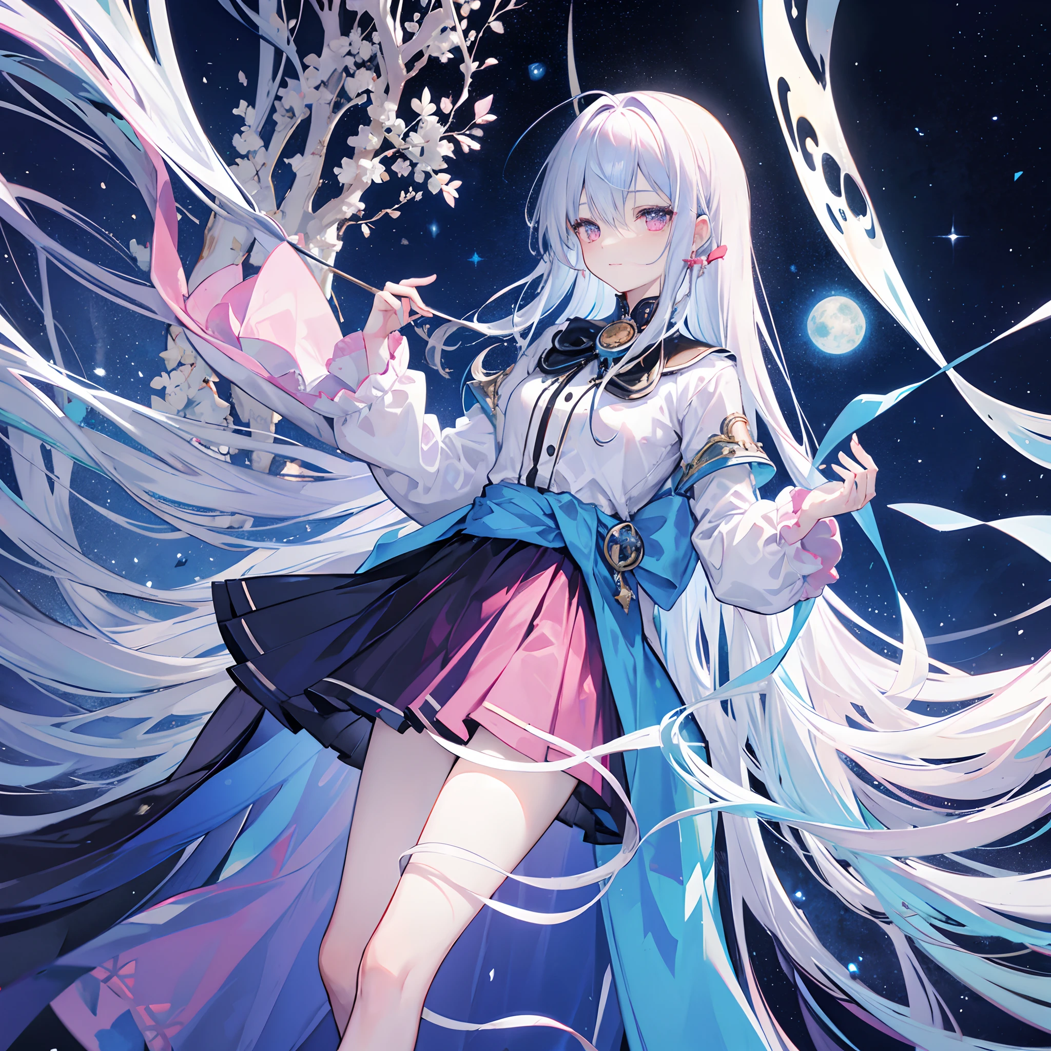 Long blue hair radiated,Long hair curtains,Oblique hair curtains,The hair curtain covers one eye,Pink eyes,Leakage from the ear,White color blouse,a black pleated skirt,The skirt is short,A black coat was tied around his waist,Long legs,Leg depiction,ssmile,sideface,under the starry night sky,Next to the ice tree