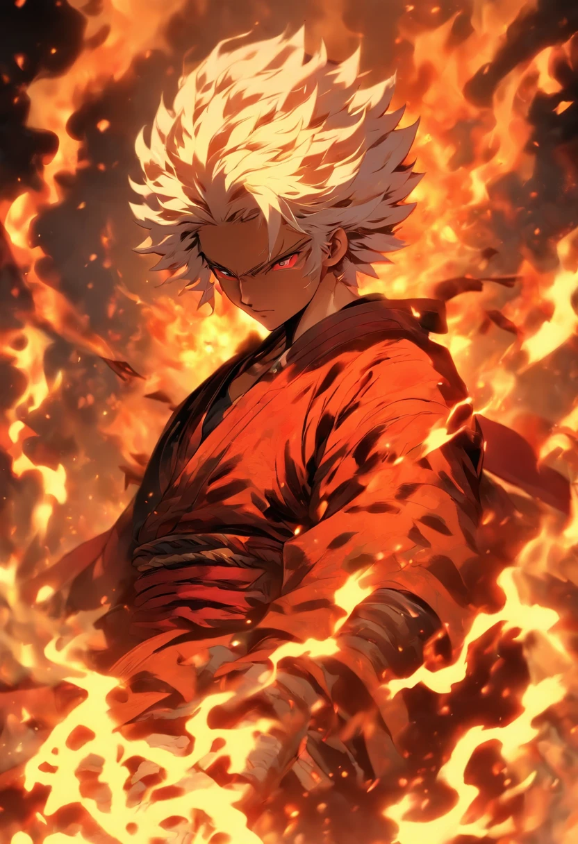 Allies,Boy with white hair,Japanese Katana Sword,Absurd, High resolution, ultra-detailliert), masutepiece,white hair, Red-eyed boy,Set fire to the head, Fire converges with the body, Surrounded by turbulent flames., Fire behind him, Detailed Digital Anime Art, nagito komaeda, Engulfed in flames, holy flame spell, Handsome Man in Demon Killer Art, flame hair, by Yang J,short-haired,shoun