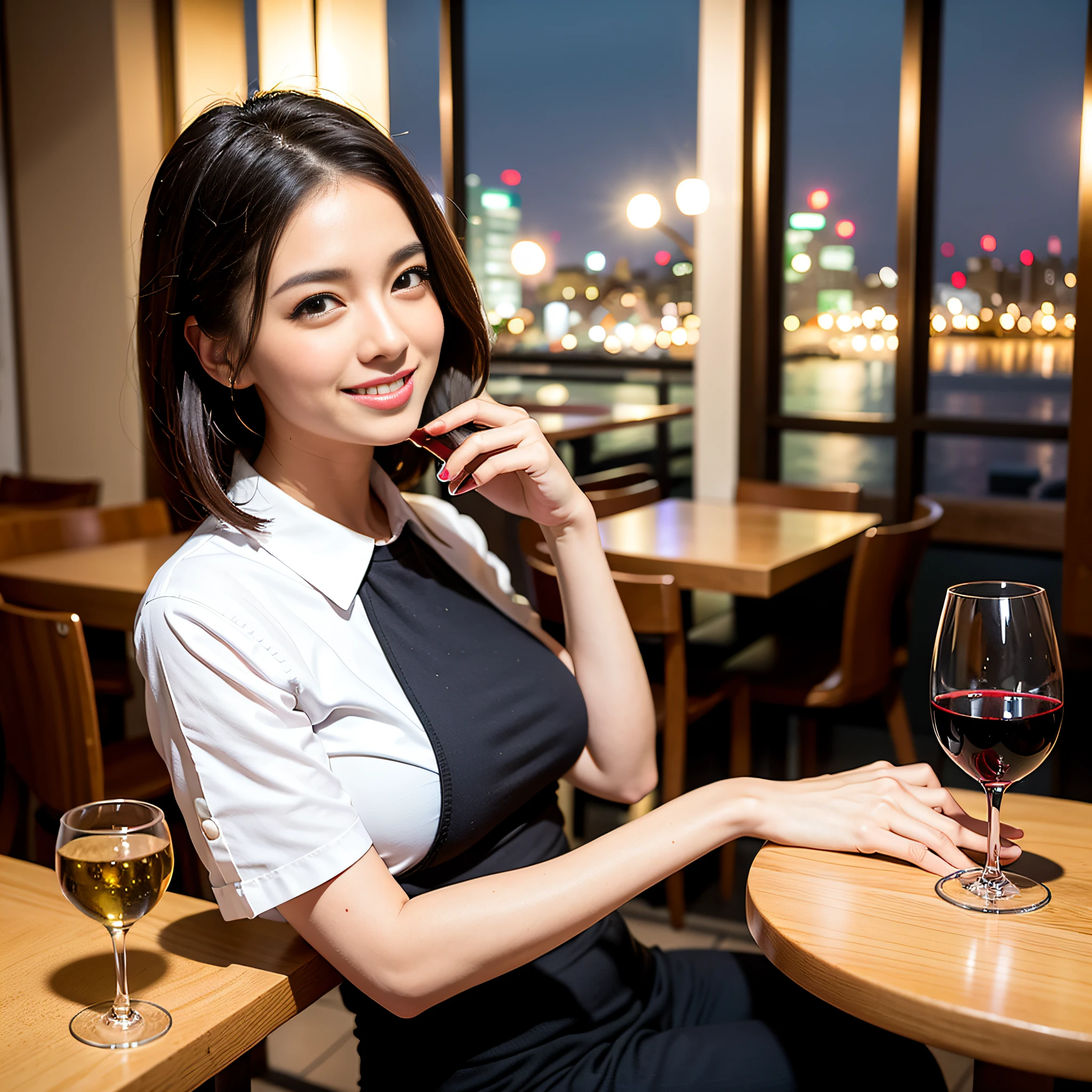 (64K, UHD, top quality, masterpiece: 1.2), (realistic, photorealistic: 1.37), super detailed, pretty woman 1 person, (slim face), (slim body), (brown hair), (short cut), cheeks slightly blushing, (44 years old), 38 years old, solo, beautiful detailed urban night view outside the window, restaurant, wine glasses sit, at night, in a prominent placeNovaFrogStyle, Actress, Model, Waist Up, White Wine, Slim, Wine Glass, Super Clean Night View, Wine Glass Put in the Middle, Happy Smile, (Smile: 1.15), Beautiful Fine Eyes, Upper Body, Bust Japan Up, Night, Short, Short, Actress, Model, Waist Up, White Wine, Slim, Wine Glass, Super Clean Night View, Wine Glass Put in the Middle, Happy Smile,