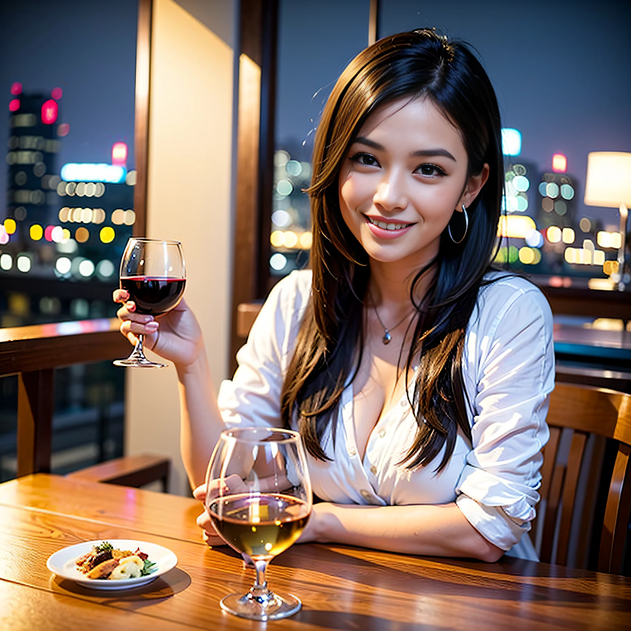 (64K, UHD, top quality, masterpiece: 1.2), (realistic, photorealistic: 1.37), super detailed, pretty woman 1 person, (slim face), (slim body), (brown hair), (short cut), cheeks slightly blushing, (44 years old), 38 years old, solo, beautiful detailed urban night view outside the window, restaurant, wine glasses sit, at night, in a prominent placeNovaFrogStyle, Actress, Model, Waist Up, White Wine, Slim, Wine Glass, Super Clean Night View, Wine Glass Put in the Middle, Happy Smile, (Smile: 1.15), Beautiful Fine Eyes, Upper Body, Bust Japan Up, Night, Short, Short, Actress, Model, Waist Up, White Wine, Slim, Wine Glass, Super Clean Night View, Wine Glass Put in the Middle, Happy Smile,