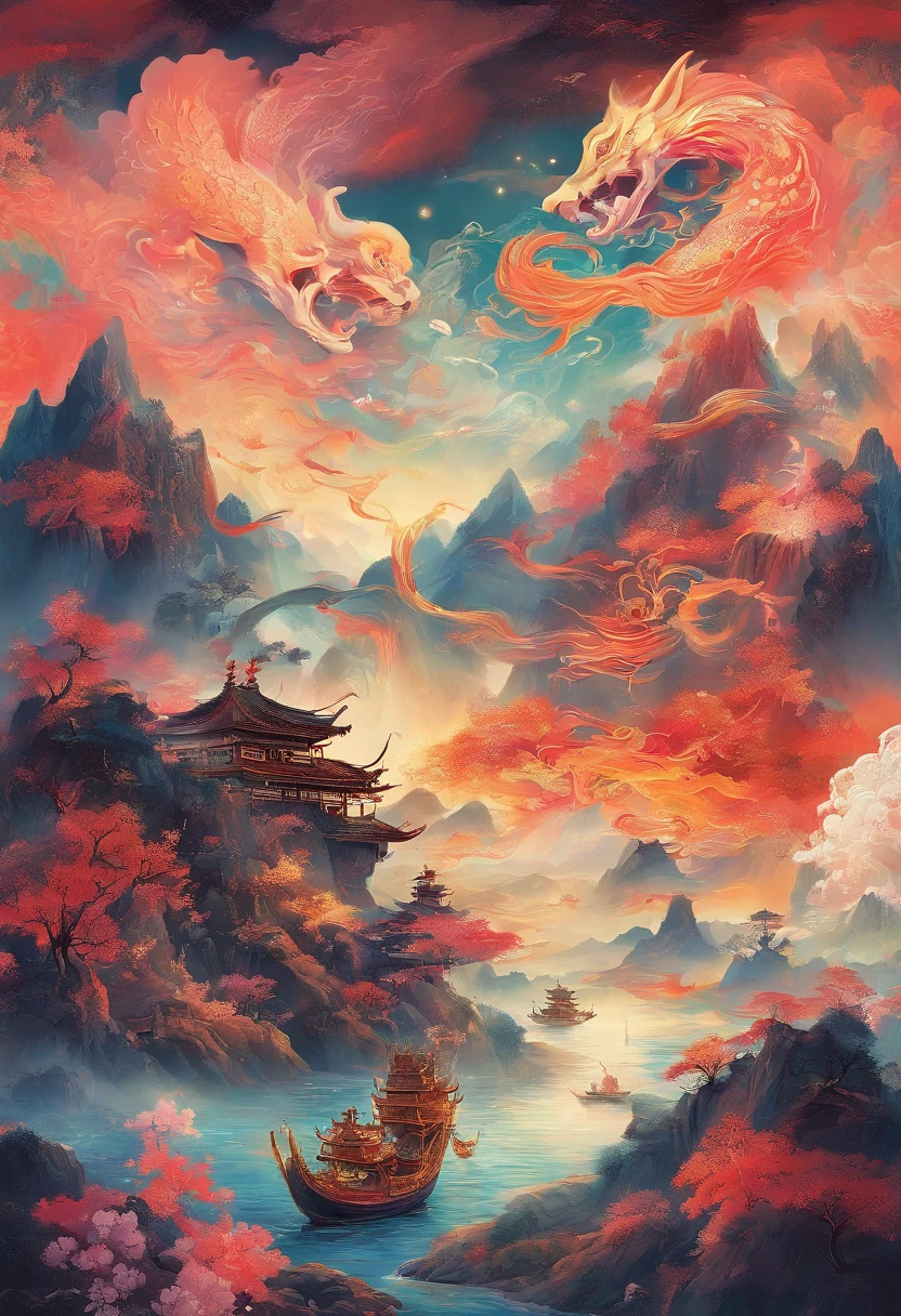 China-style,Chinese mythology,Xuanwu,faucet,Turtle body,Snake tail,has horns on its head,tosen,Ferocious,gargantuan,The eyes shine blue light,Huge waves,surrounded by cloud,中景 the scene is,Full body like, highly detailed surreal vfx,oc rendered, - AR 16:9 --q 2 --s 1000
