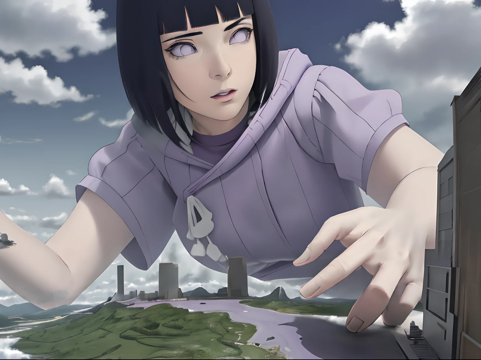 obra maestra, absurdos, Hinata\(Boruto\), 1girl, solamente,hembra madura, Crop top de punto sin hombros,  , cuerpo completo,perfect composition, Labios dealtoados, pecho grande, Cara hermosa, body propotion, sonrojarse, (labios rosados), Cabello largo,  purple eyes,  mirada suave,  super-realistic, Dealtoado, n, Rostro y cuerpo realistas,En la vista de fondo desde el punto de vista hacia abajo , Desenfoque inminente ,De esta manera, Most of the,vista de la muchacha desde debajo de ella {{obra maestra}}, arte oficial , alto, Colosal, gigantic distant borrón ,en el continente. Vista desde Fantasy MagicCity ,entre rascacielos, clouds that enveloped his body softly  , Light purple hoodie,grandes tetas
brown pants
black shirt, delantal