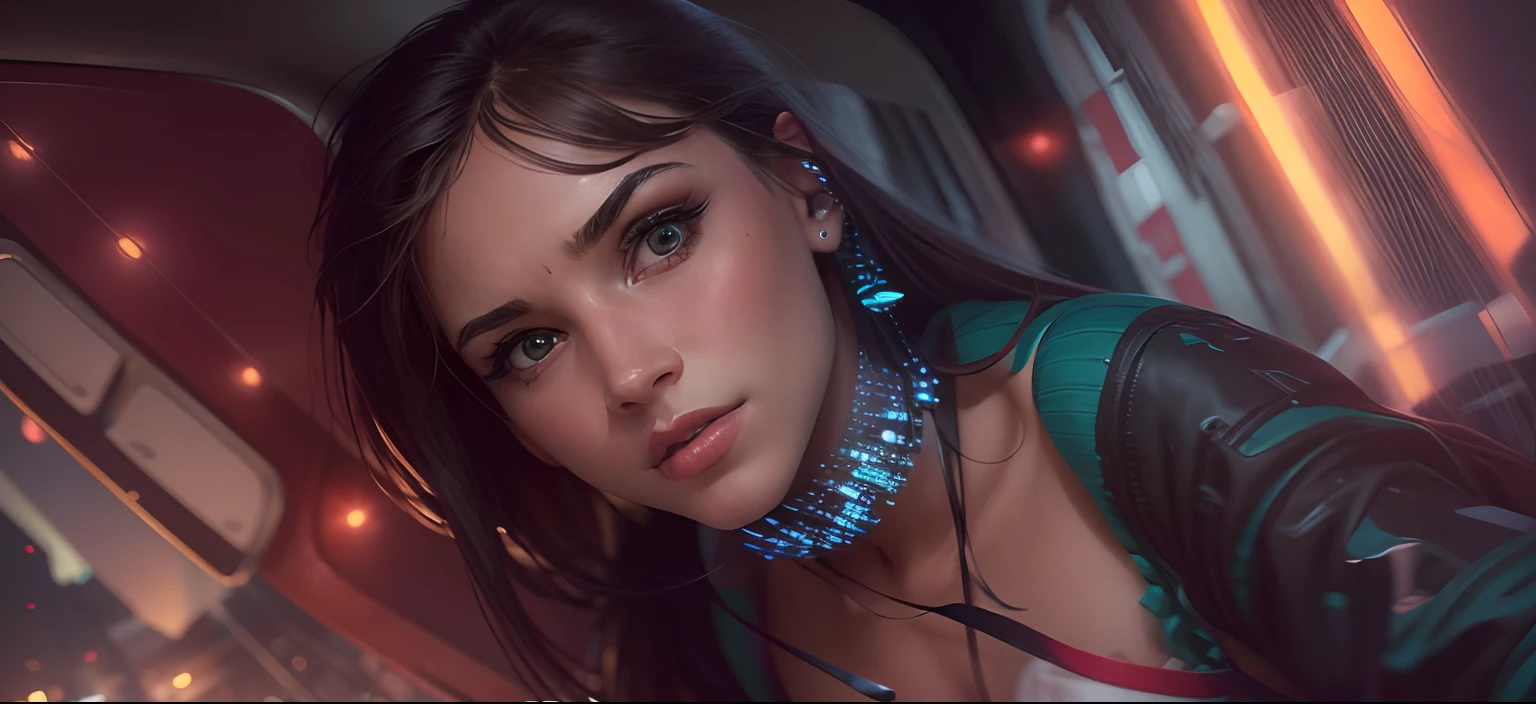 A girl with a car drink red vine street futuris tickets background realistic