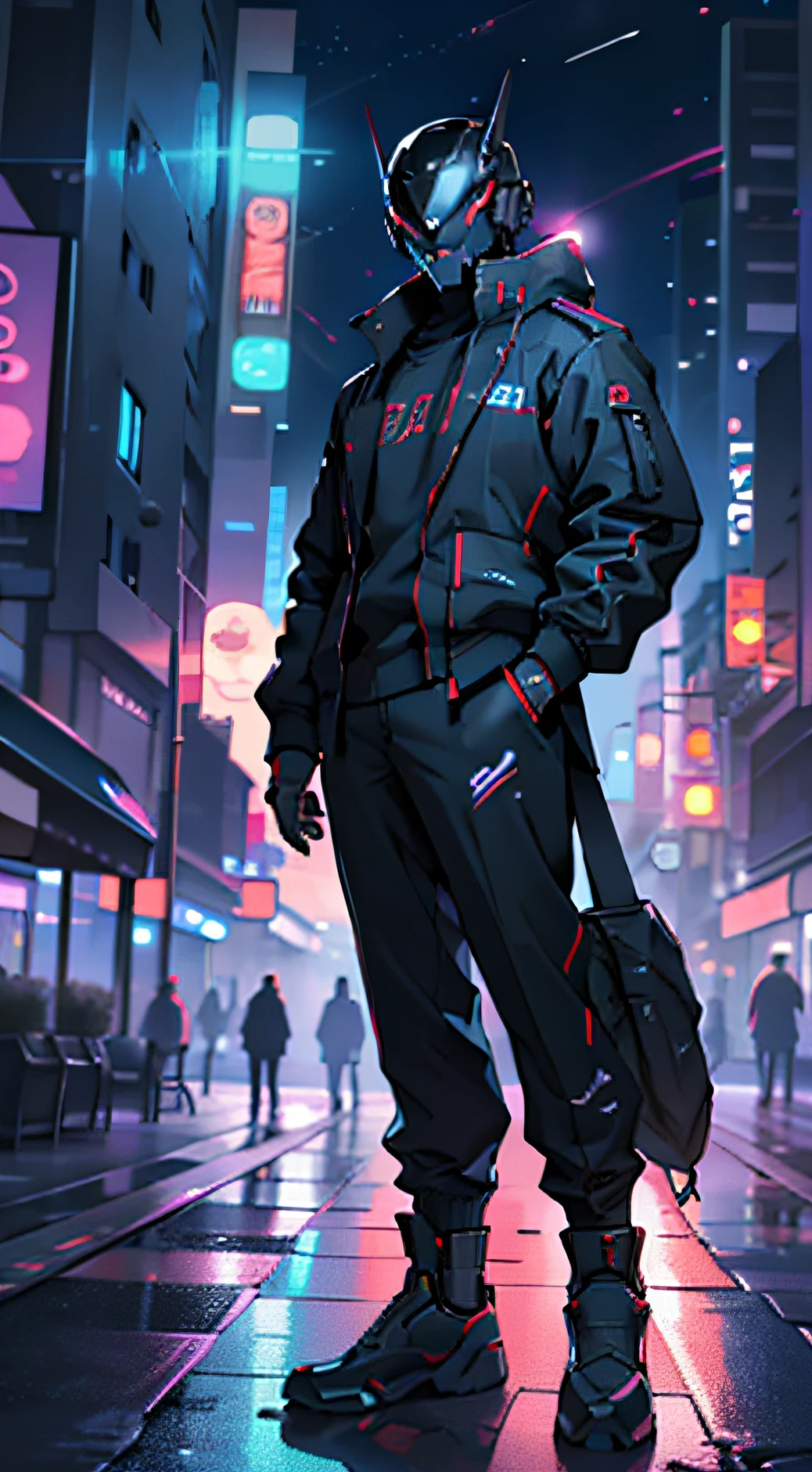 a person in a cyber helmet, business suit, cool colors in outfit, city, nighttime, cool colors, focus on the character, full body shot, dynamic shot, wide shot, fantastic, masterpiece, high quality, semi realism