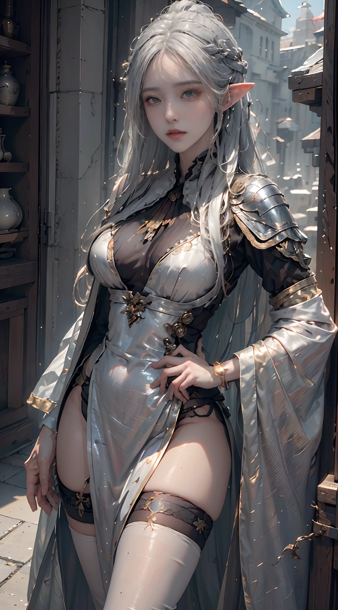 ((best quailty)), ((A masterpiece)), (Detail:1.4), 3D, A beautiful elven fantasy beautiful girl，Elf long ears，ear studs，（（Long silver hair，Double ponytail:1.9））,（long purple skirt：1.6）（Black stockings beautiful legs，heeled sandals：1.6）（Western European medieval style，Metal Temple，：1.6），Metallic sequins，West Phantom Wind,closeup of face,Extremely normal hands,Extremely normal legs,hdr（HighDynamicRange）,raytrace,NVIDIA RTX,Hyper-Resolution,illusory 5,Subsurface scattering、PBR Texture、post-processed、Anisotropy Filtering、depth of fields、maximum definition and sharpness、multi-layer texture、Albedo e mapas Speculares、Surface coloring、Accurate simulation of light-material interactions、perfectly proportioned、rendering by octane、Two-colored light、largeaperture、Low ISO、White balance、Rule of thirds、8K raw data