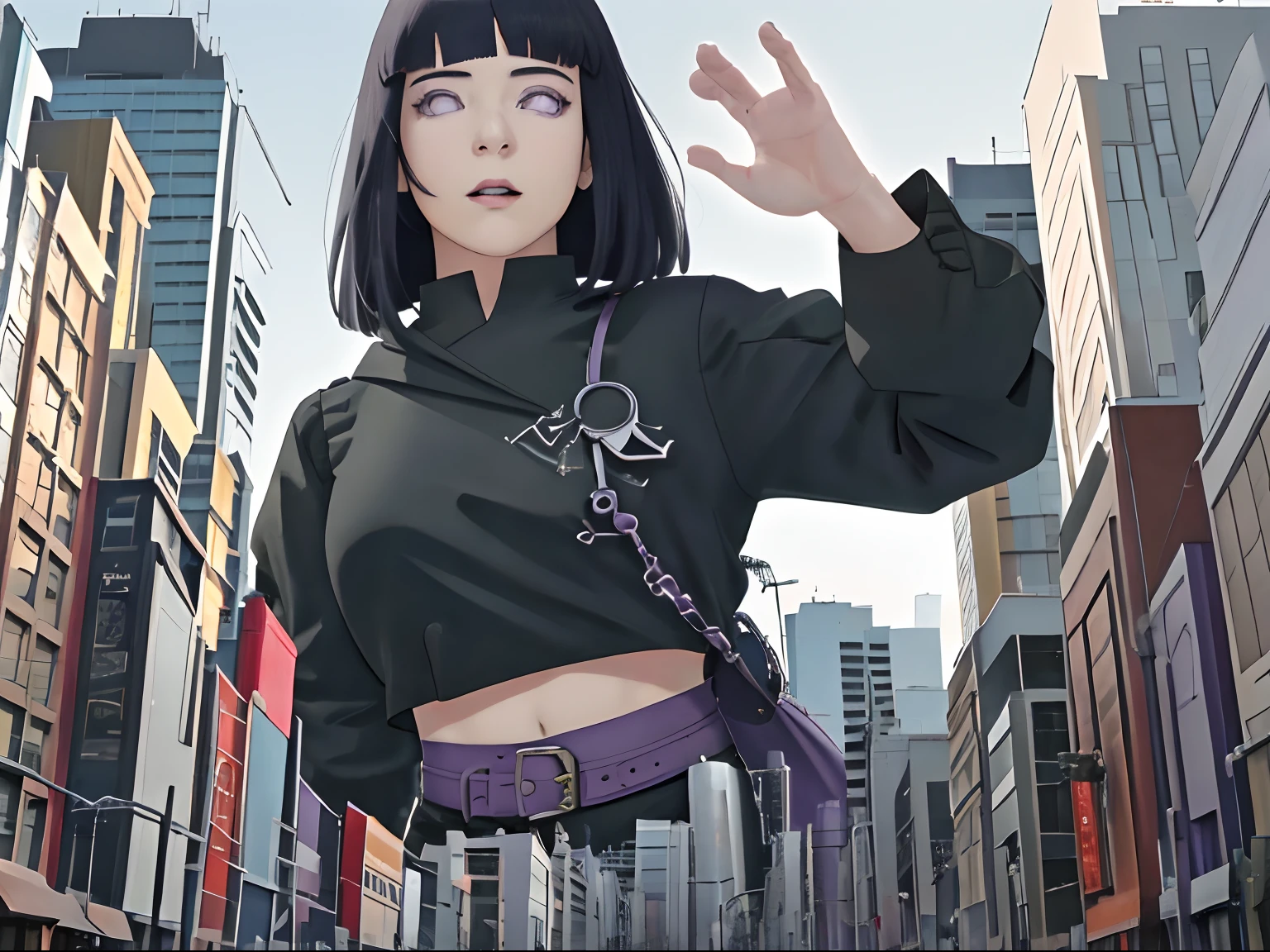 obra maestra, absurdos, Hinata\(Boruto\), 1girl, solamente,hembra madura, Crop top de punto sin hombros,  , cuerpo completo,perfect composition, Labios dealtoados, pecho grande, Cara hermosa, body propotion, sonrojarse, (labios rosados), Cabello largo,  purple eyes,  mirada suave,  super-realistic, Dealtoado, n, Rostro y cuerpo realistas,girl room,{{masterpiece}},  ,official art,low angle,ant view,perpective low ,shrunk ,so close,sexy girl in the distand background,distand view,look up  , Light purple hoodie,grandes tetas
brown pants
black shirt, delantal