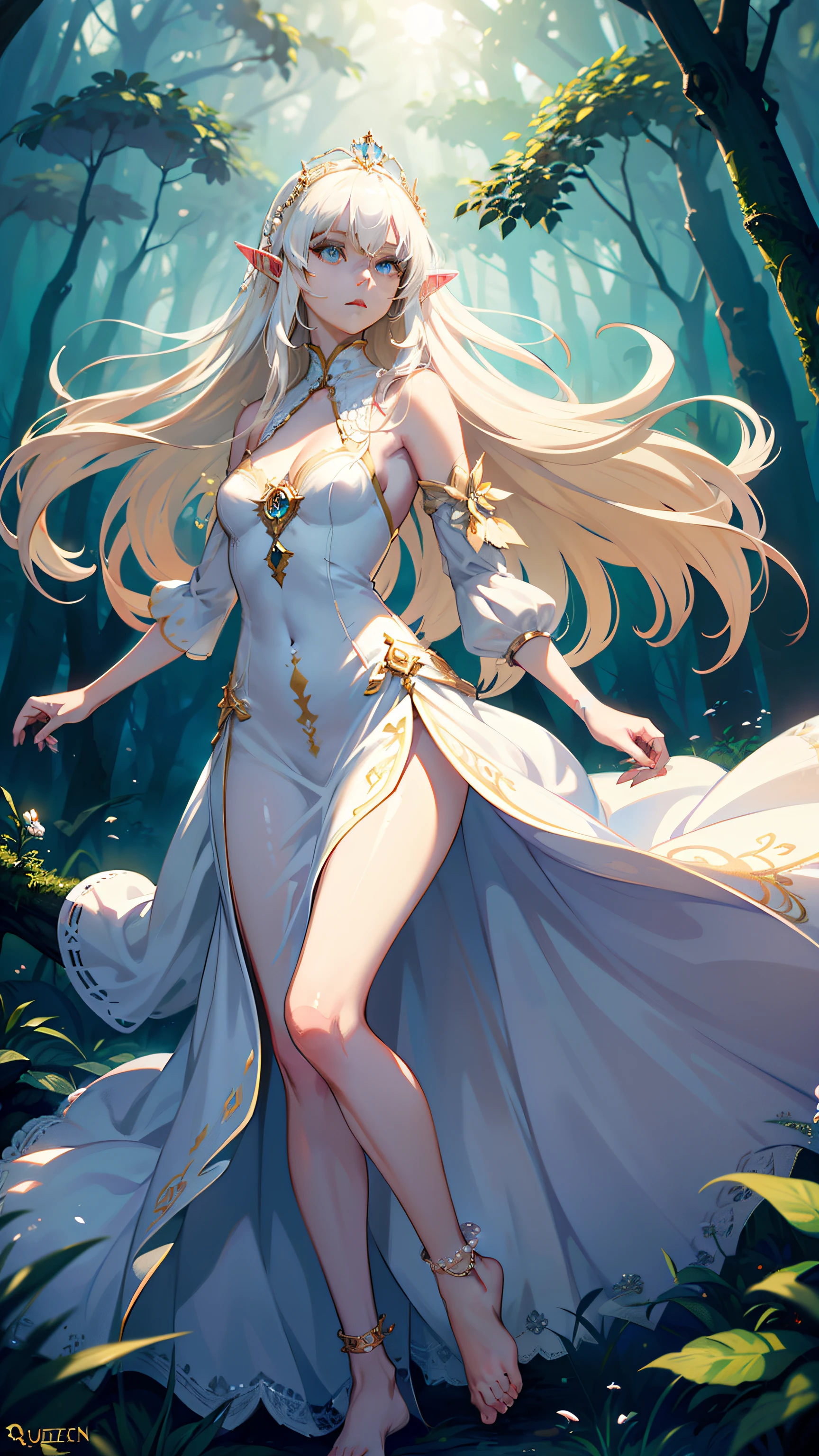 masterpiece, ultra detailed, 8k portrait, RAW photo, portrait photography, highly detailed face, beautiful and meticulous eyes, ((Fantasy)), Young beautiful, (((expressionless))), elf, (((queen))), ((diadems)), (((albino))), (((skin as white as pearl))), ((blond)) very long hair, (((long hem lacy Empire dress))) Fluttering in the wind, (((Gorgeous))), (((bare foots))), anklet, Midday sun, Hyper realistic, Slender body, Body model, Small breasts, Beautiful breasts, Long legs, In the deep forest castle, surrounded by small birds, Ambient lighting, Shadow details , Camera focus on face, strong breeze, Light fog