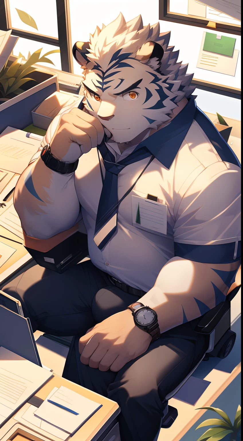 tmasterpiece, high-definition photograph, Perfect anatomy, Anthropomorphic white tiger, male people, 20yr old, Deities, Light blue stripes, Strong body, large pecs, Pink milk clusters, medium bulge, He sat behind his desk, Wear white tight suit pants, Shirtless, Sign the document,(In the office:1.5), Mysterious Expression, Be red in the face, Golden pupils, Look ahead, Expensive watches, Clear facial features, Strong, Solo, office desk, Greenery, papers, Computer, Office supplies, Leather sofa, tack sharp focus,volume fog,8K UHD,Digital SLR,high qulity,(filmgrain:1.4),Fujifilm XT3,full bodyesbian