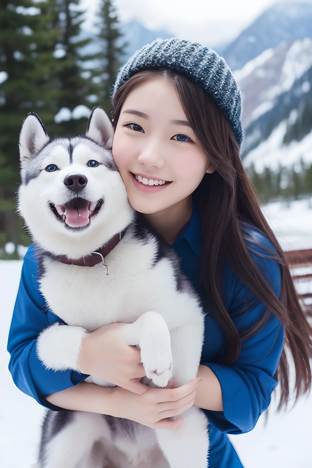 18-year-old girl,Hold a husky, ssmile, ,snowfield. snow mountains.