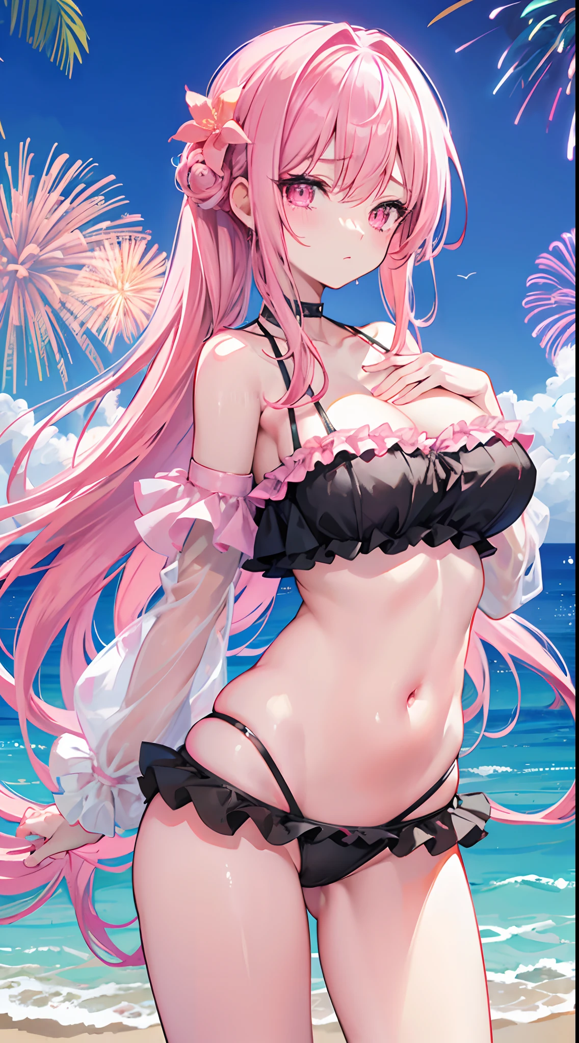 Pink Long Hair，Pink eyes，Loving pupils，chiquita，huge tit，Black off-the-shoulder swimsuit，beachside，natta，Fireworks bloom behind you，Hair curtains，Whole body diagram，Side diagram，One hand ruffles the hair，Moved to tears，
