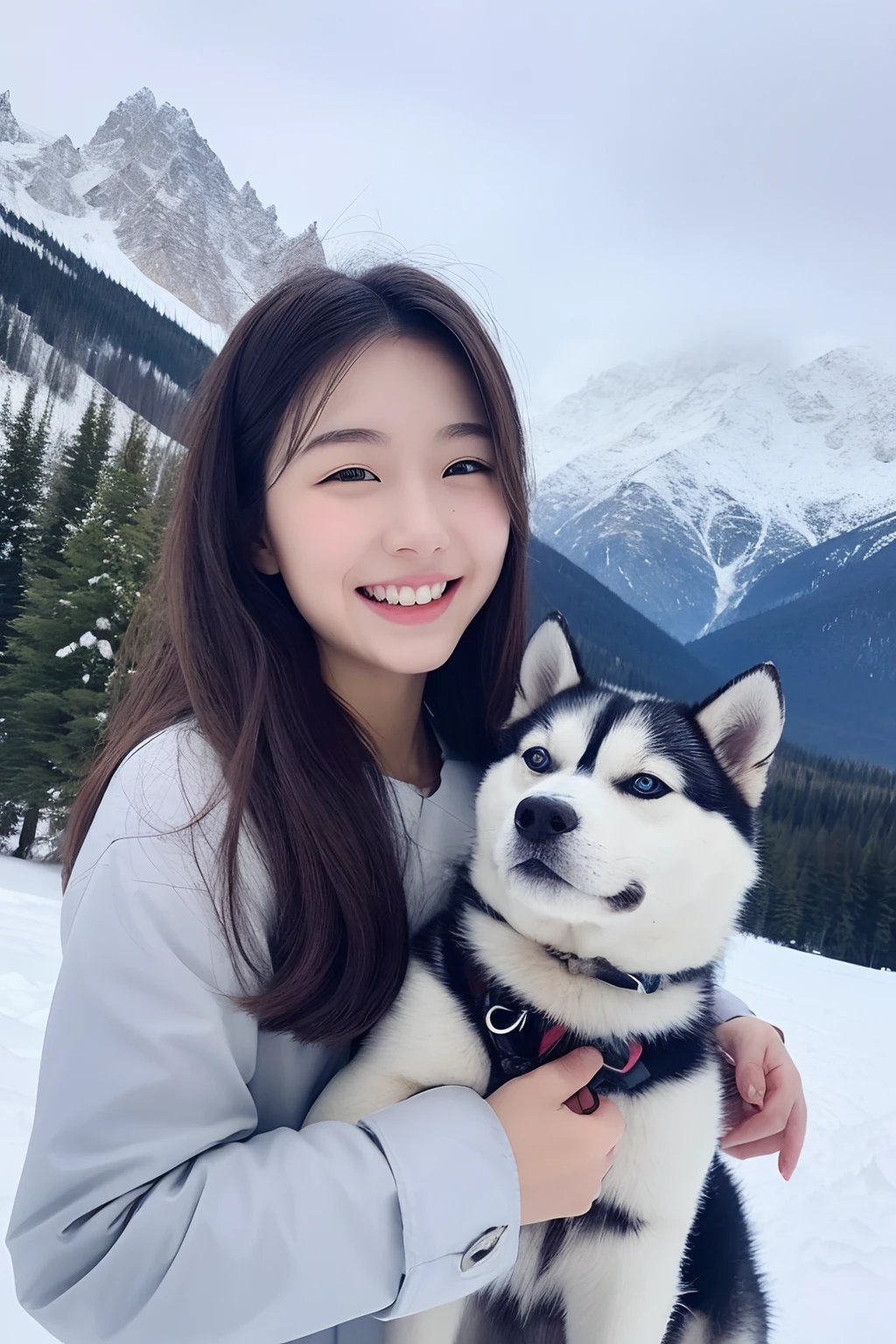 18-year-old girl,Hold a husky, ssmile, ,snowfield. snow mountains.