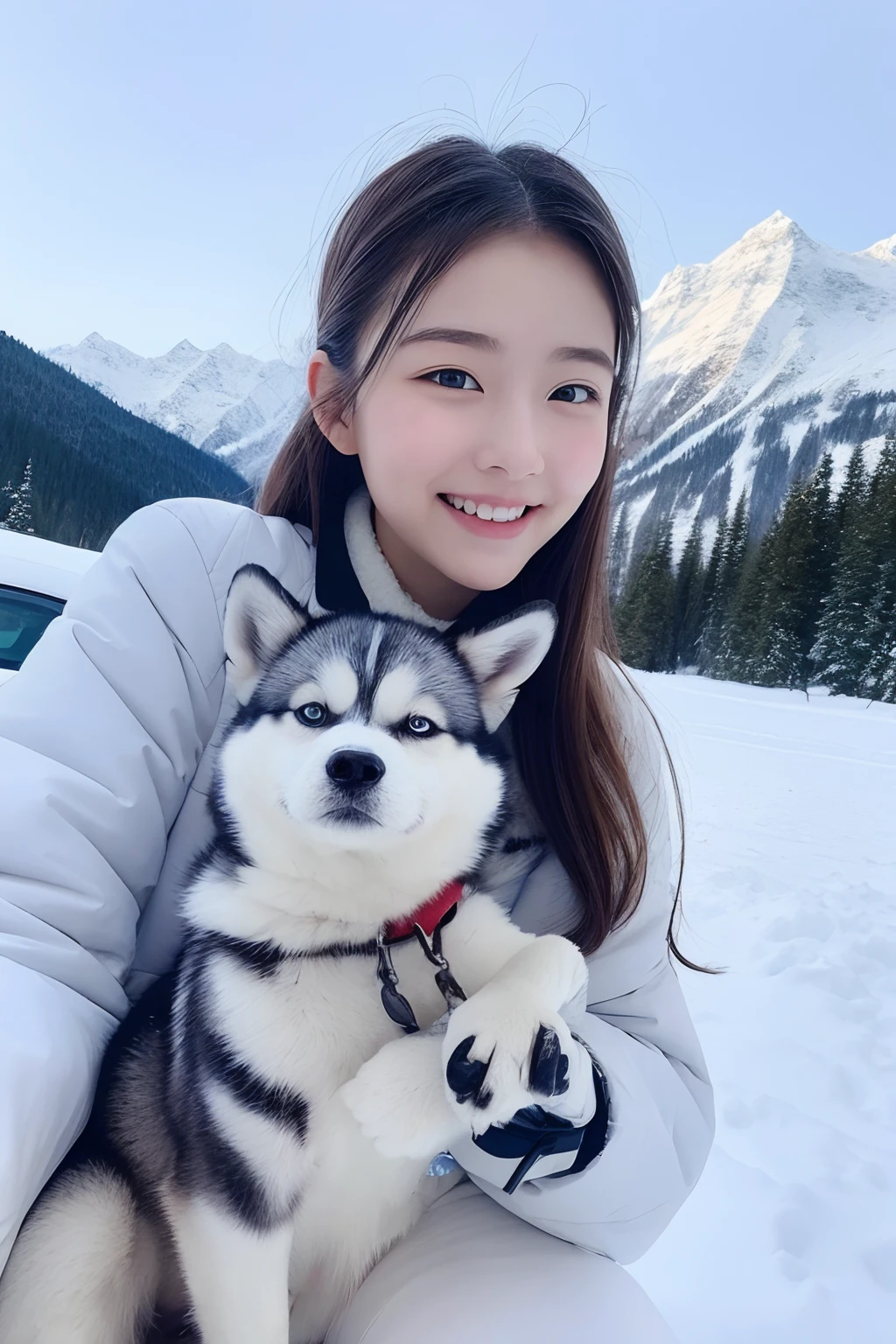 18-year-old girl,Hold a husky, ssmile, ,snowfield. snow mountains.