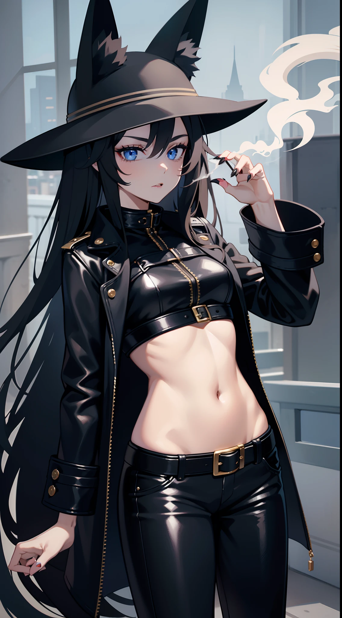 Young girl, long black hair, fox ears, blue eyes, leather coat, hat, pants, claws, smoke, masterpiece, hiquality, 4k, HD, Good detail