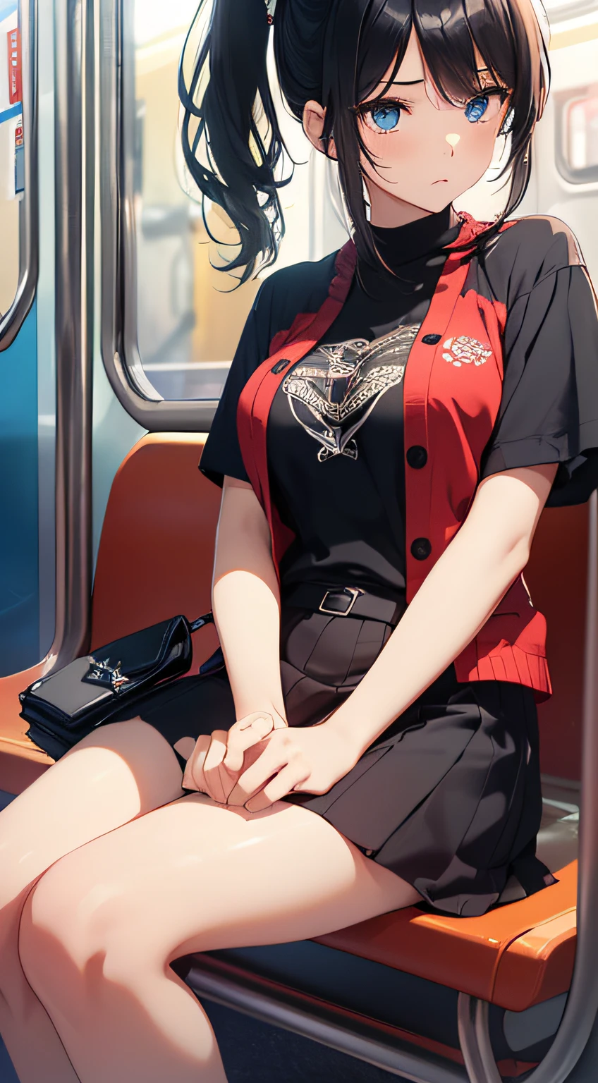 top-quality、Top image quality、masterpiece、girl with((18year old、Best Bust、Medium bust、Bust 85,Beautiful blue eyes、Breasts wide open,Black Short Sleeve T-Shirt、Red cardigan with short sleeves、Black short skirt、Ponytail with black hair、sitting in the seat、Read model magazines、serious facial expression、lecture)hiquality、Beautiful Art、Background with((On the train、crystal clear skies)),masutepiece、Elaborate design、visualart、depth of fields、The best lighting、highestdetailed、