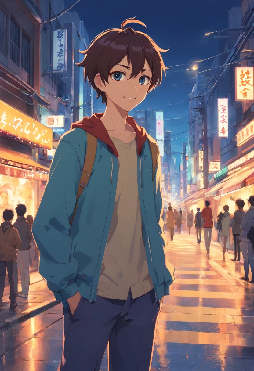 Standing on the streets of a bustling city、Backlight background to highlight subject、High contrast colors、4K high-definition quality、年轻、a smile、daili、Boy transformed into anime style with exaggerated unique facial features and clothes、blue eyess、I'm drinking