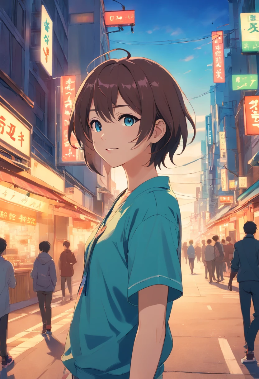 Standing on the streets of a bustling city、Backlight background to highlight subject、High contrast colors、4K high-definition quality、年轻、a smile、daili、Boy transformed into anime style with exaggerated unique facial features and clothes、blue eyess、I'm drinking