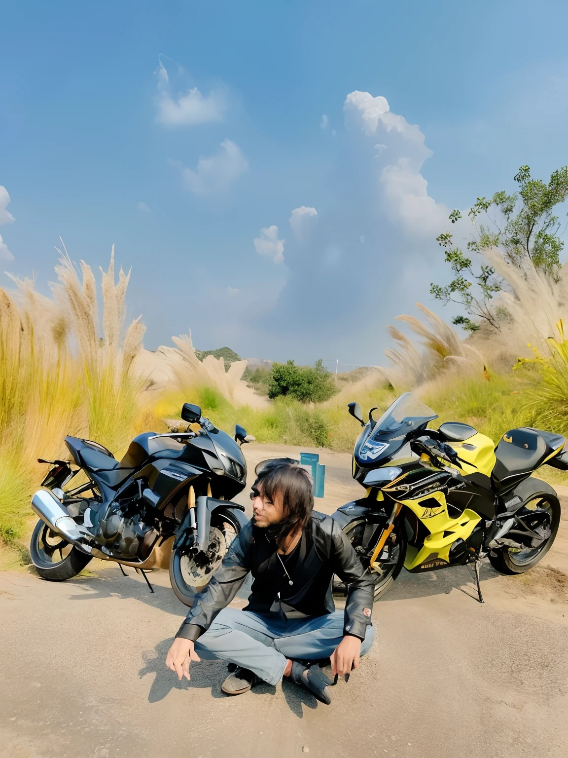 there is a man sitting on the ground next to two motorcycles, taken with sony alpha 9, taken with the best dlsr camera, badass composition, with backdrop of god rays, shot on canon eos r 5, shot on canon eos r5, symmetric!!, !! low contrast!!, front profile!!!!, at racer track, shot on nikon z9