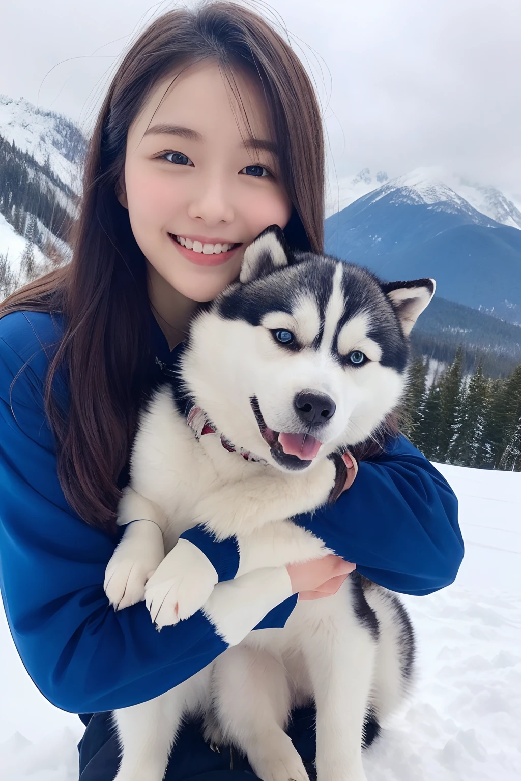 18-year-old girl,Hold a husky, ssmile, ,snowfield. snow mountains.