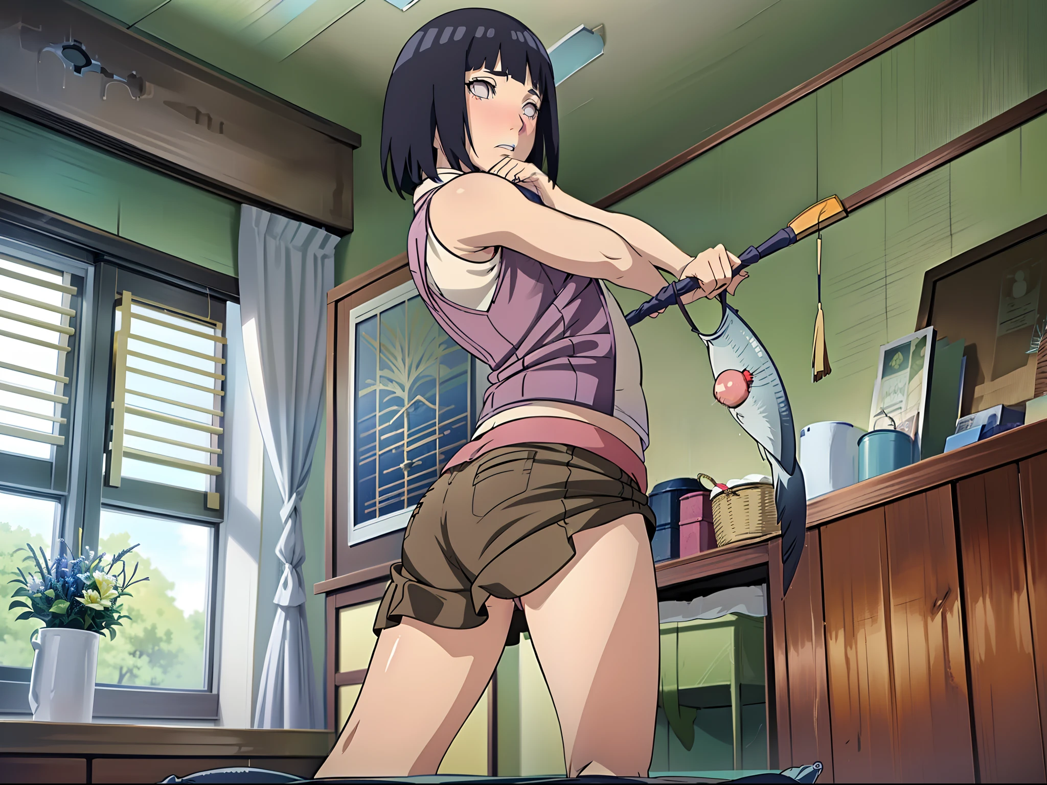 Masterpiece, High definition, High quality, Detailed face, detailed body render, 1girll, Solo, Hinata sleeveless clothing,Room,, Sleeveless shirt,( fishing net garment), Unzip the jacket, standing, Blush, (in a bedroom),Leaky legs,((perspire,Be red in the face,Blush:1.5)),Particularly heavy blush