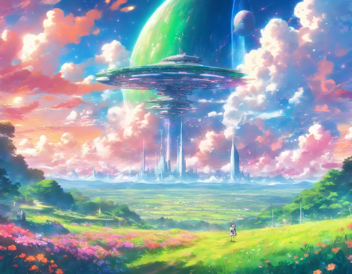 cloudy weather, hillside view of the plain, green plain in colorful flowers, huge space cruisers, spacecraft surface parking, people in the distance, a spaceship taking off, NASA-Punk