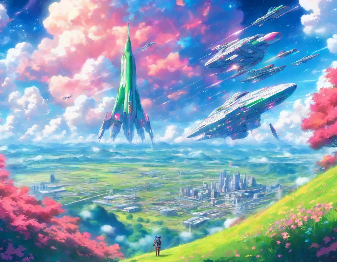 cloudy weather, hillside view of the plain, green plain in colorful flowers, huge space cruisers, spacecraft surface parking, people in the distance, a spaceship taking off, NASA-Punk