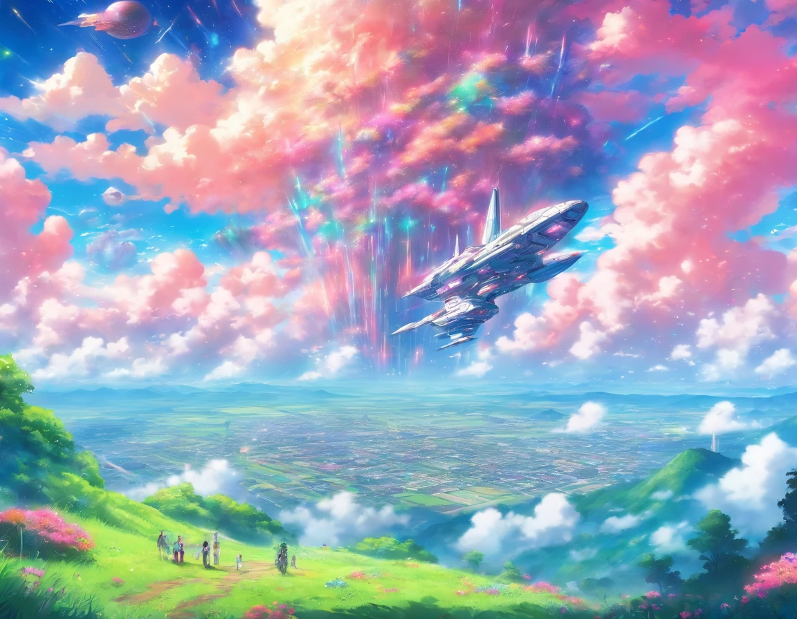 cloudy weather, hillside view of the plain, green plain in colorful flowers, huge space cruisers, spacecraft surface parking, people in the distance, a spaceship taking off, NASA-Punk