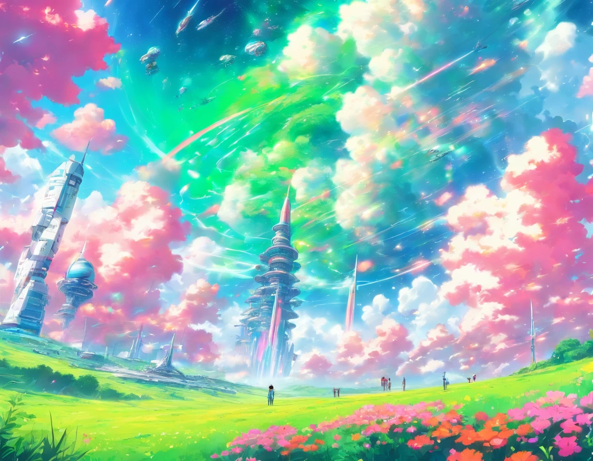 cloudy weather, hillside view of the plain, green plain in colorful flowers, huge space cruisers, spacecraft surface parking, people in the distance, a spaceship taking off, NASA-Punk