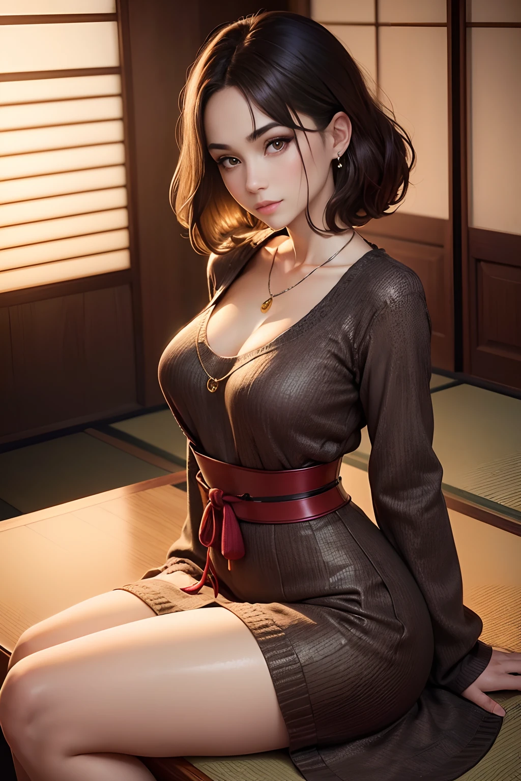 (masutepiece:1.3), High resolution, ultra-detailliert, the Extremely Detailed CG Unity 8K Wallpapers, Realistic, Photorealsitic, Raw photo, (beautifull detailed face), pale skin, Realistic skin, Detailed Cloth Texture, detailed hair texture, super model, Cute face, acurate, Anatomically correct, Highly detailed face and skin texture, Natural neck length, (Shiny little diamond necklace and earrings:1.1), (Beautiful hands), (Fair skin:1.2), thin legs, Thin feet, Sexy thighs, BREAK, Detailed eyes, Symmetrical eyes, Brown eyes, Double eyelids, Thin eyebrows, (Glossy lips:1.4), (Gentle smile:1.2), BREAK, (a very pretty girl:1.3), (Wearing a dark brown knitted dress:1.2), (Barefoot), medium large breasts, (firm breasts, nice shaped breasts, Slender figure:1.1), (super model), (Layered hairstyle, dark brown hair, Wavy Hair), (Bob Hair:1.2), BREAK, ((Sitting across from someone at a black table:1.2)), (Hot tea and Japanese sweets are placed on the table), (「kyoto」In a luxury room at a Japan ryokan:1.2), (upperbody shot:1.2), ((Looking at Viewer:1.2)), ((from the front side:1.3)),