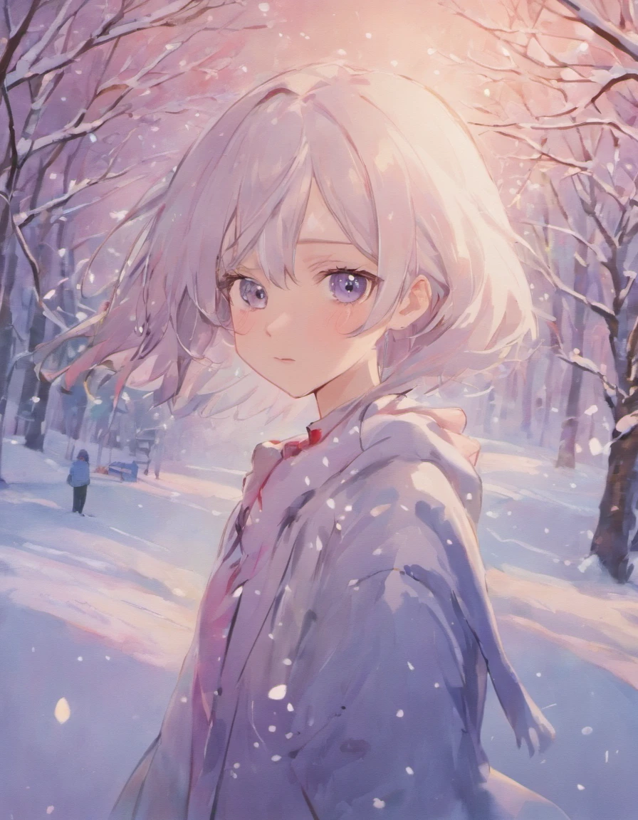 Romantic snowflakes flutter in the wind,Boy in the Snow,Handsome face,Light white and silver design,Pay attention to the texture of the skin and flowers,Sony FE 12-24mm F/2.8 gm,Impressionist garden,Proficient in calligraphy,eco-friendly craftsmanship,Brush stroke exploration